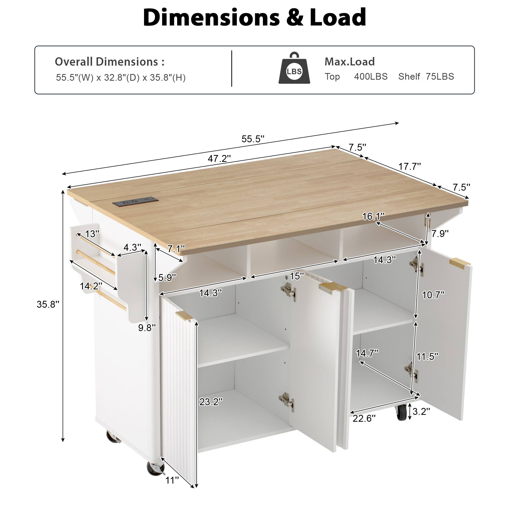 Dimensions & Load  
Overall Dimensions: 55.5"(W) x 32.8"(D) x 35.8"(H)  
Max. Load: Top 400LBS, Shelf 75LBS  

- 55.5"  
- 47.2"  
- 7.5"  
- 17.7"  
- 7.5"  
- 35.8"  
- 13"  
- 14.2"  
- 4.3"  
- 7.1"  
- 5.9"  
- 14.3"  
- 15"  
- 16.1"  
- 14.3"  
- 7.9"  
- 10.7"  
- 9.8"  
- 14.7"  
- 11.5"  
- 23.2"  
- 22.6"  
- 3.2"  
- 11"