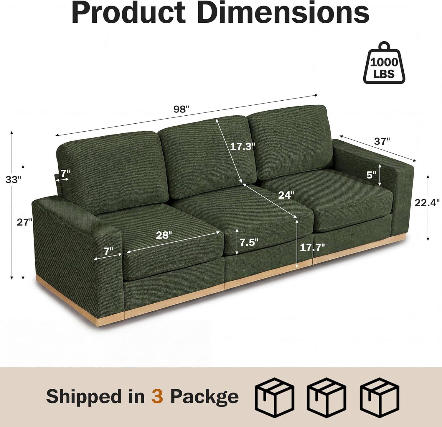 Product Dimensions: 1000 LBS, 98", 17.3", 37", 33", 7", 24", 5", 22.4", 27", 7", 28", 7.5", 17.7"  
Shipped in 3 Package