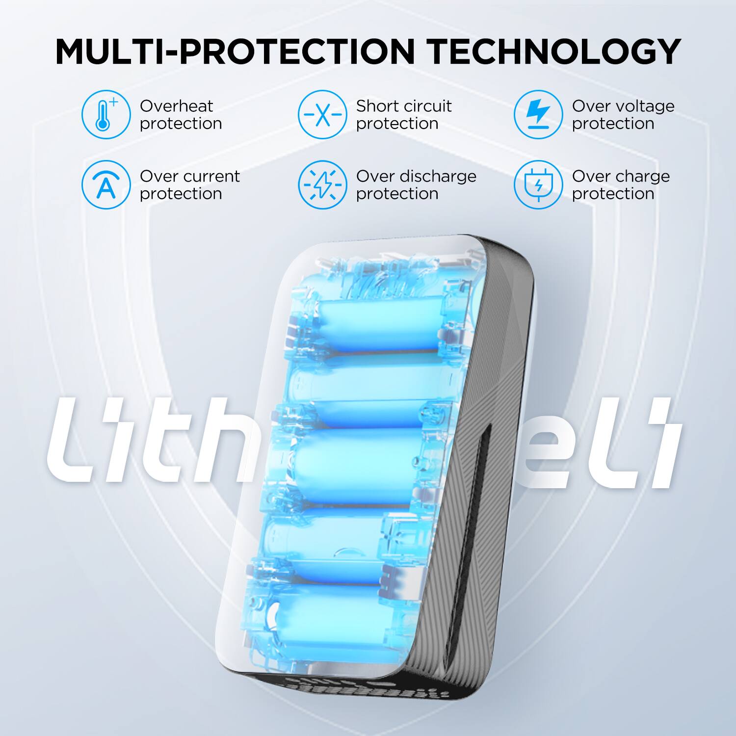 MULTI-PROTECTION TECHNOLOGY

Overheat protection
Short circuit protection
Over voltage protection
Over current protection
Over discharge protection
Over charge protection
Lith eli