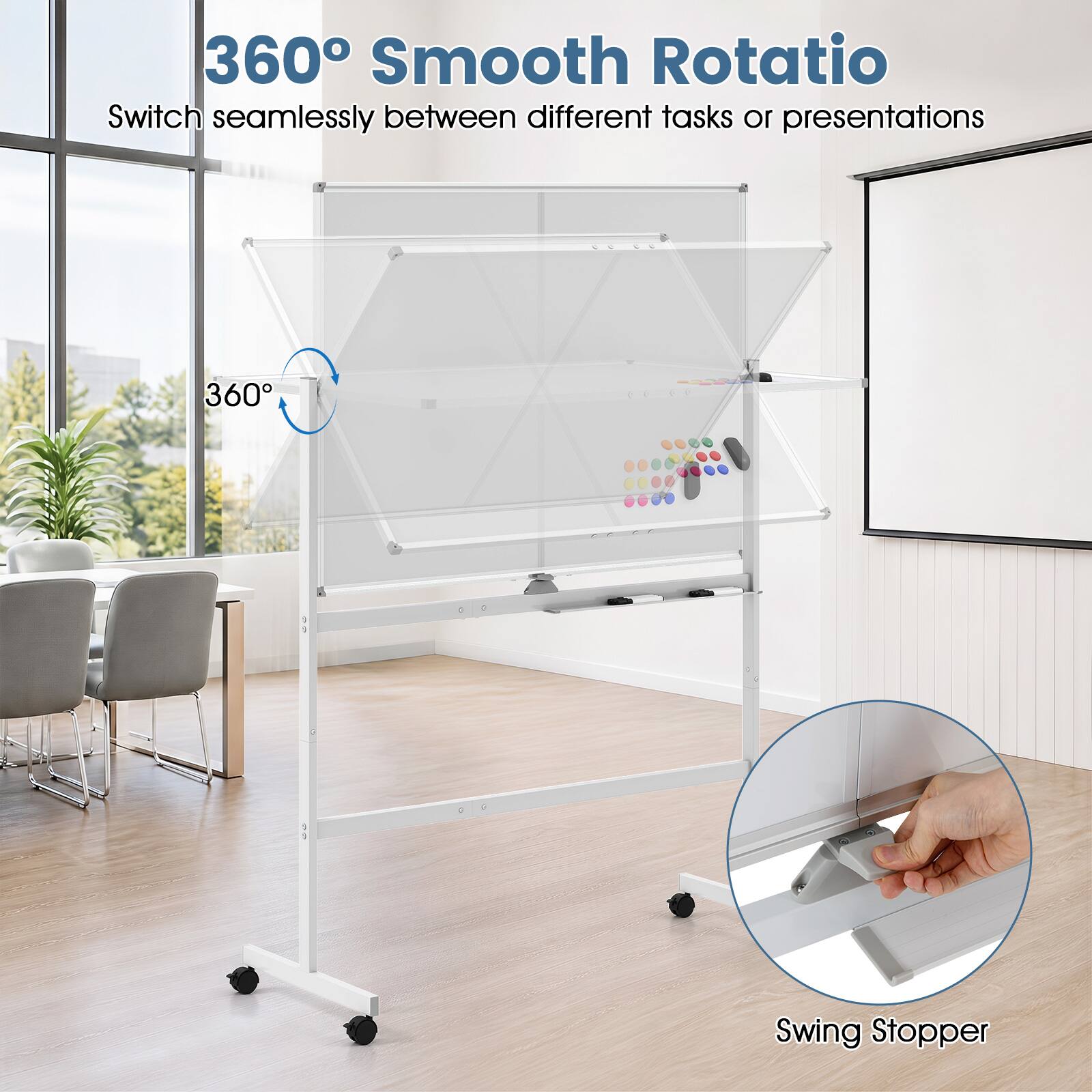 360° Smooth Rotation  
Switch seamlessly between different tasks or presentations  

360°  

Swing Stopper