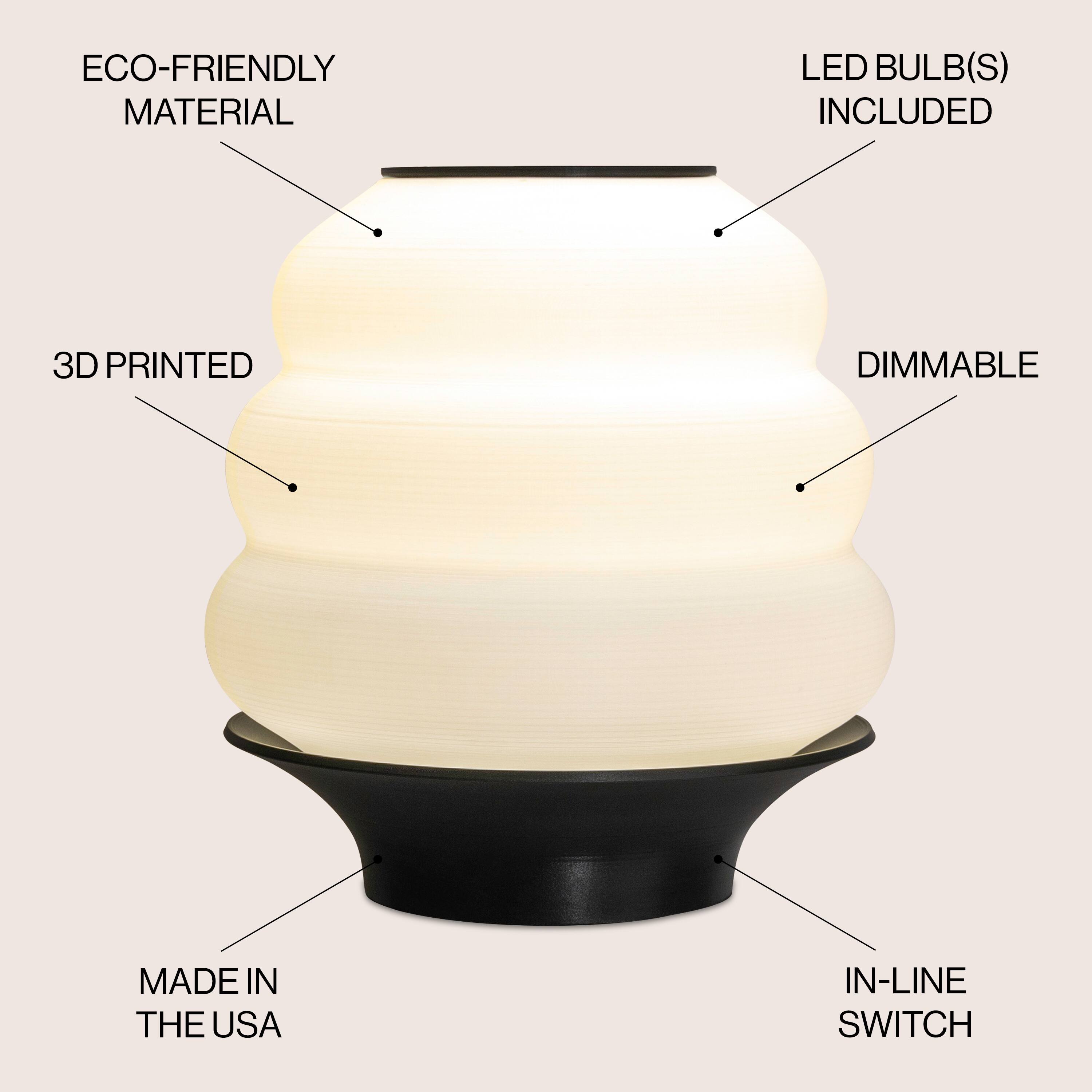 ECO-FRIENDLY MATERIAL  
LED BULB(S) INCLUDED  
3D PRINTED  
DIMMABLE  
MADE IN THE USA  
IN-LINE SWITCH
