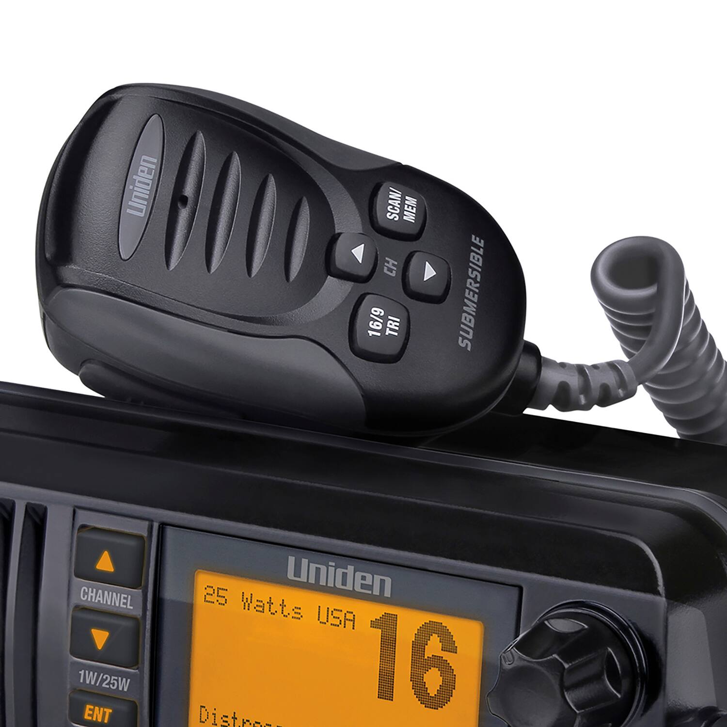 Uniden SCAN/MEM CH 16/9 TRI SUBMERSIBLE  
25 Watts USA  
1W/25W  
ENT  
Distress