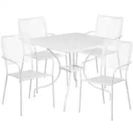 Emma + Oliver - Commercial Grade 35.5" Square Metal Garden Patio Table Set, 4 Square Back Chairs - White