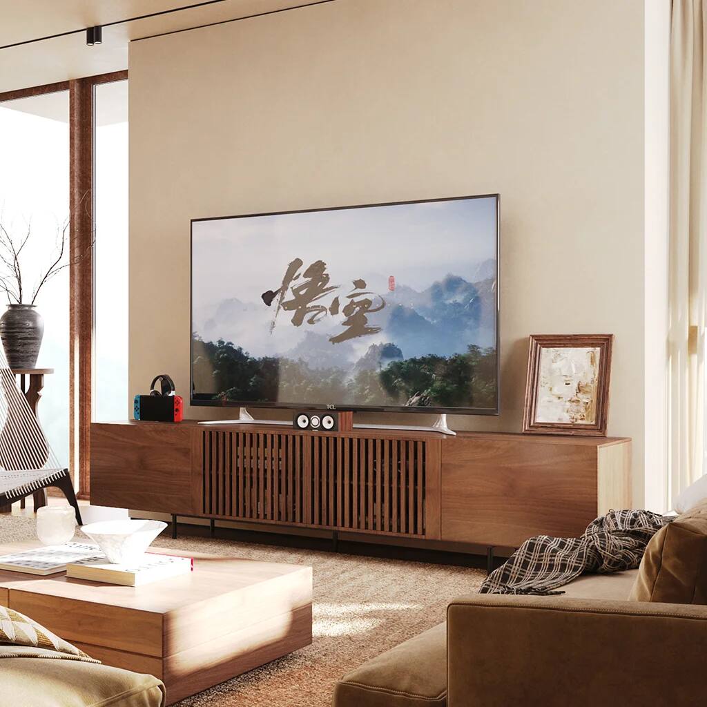 Left. luck idea - 94.48" Walnut Fluted TV Stand for TV Up to 100", Mid-Century Media Console with Storage Cabinets & Metal Legs - Brown.
