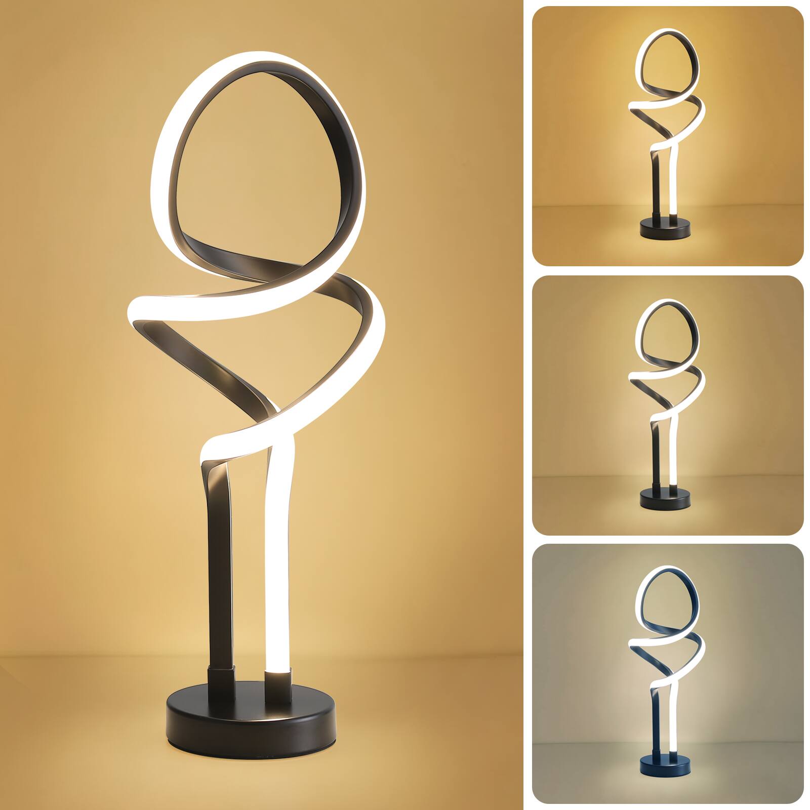 Sofucor - Modern Table Lamp LED Spiral Lamp Bedside Lamp with Stepless Dimming Switch Contemporary Nightstand Lamp for Bedroom - Black