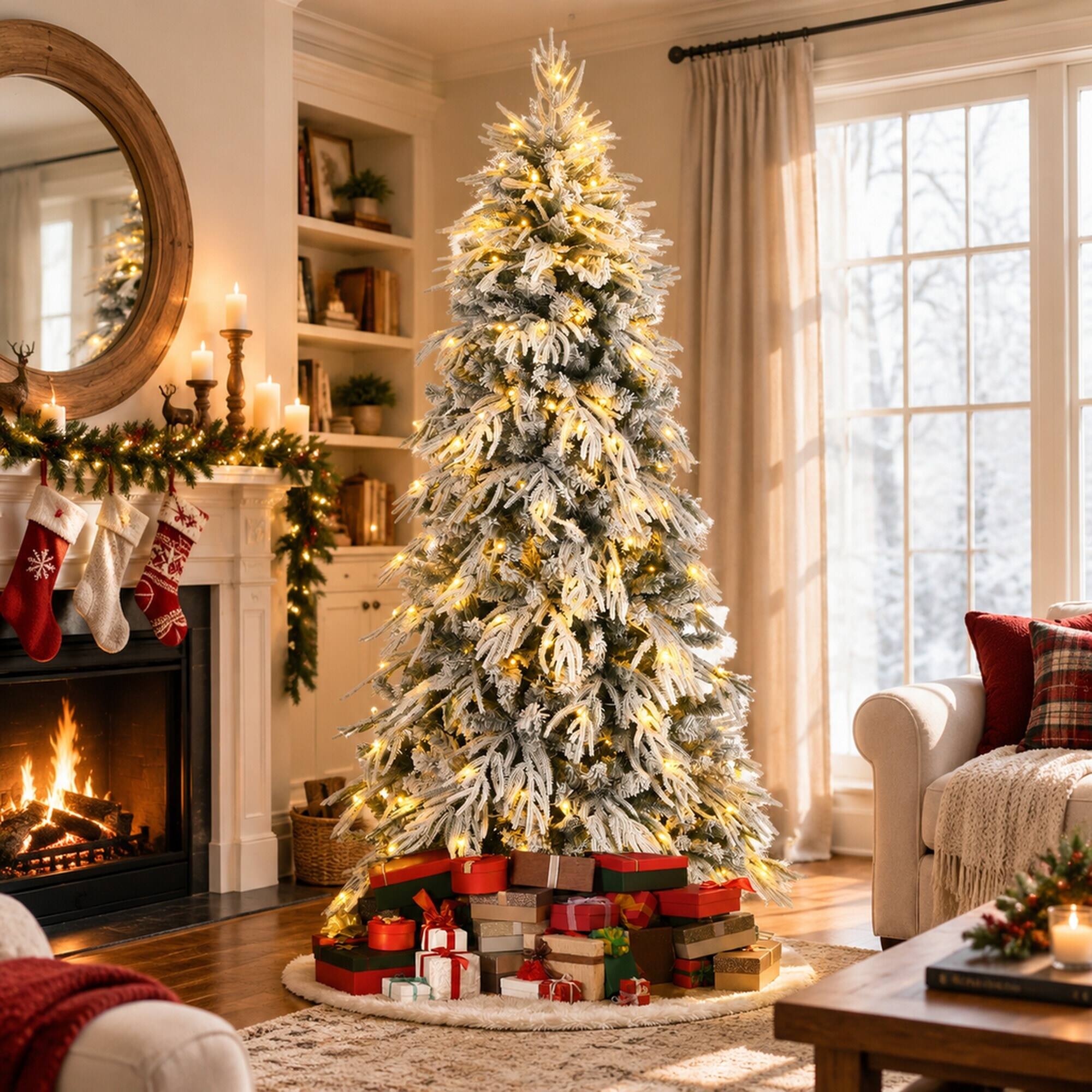 Angle. RYHNUYNE - 7FT Pre-Lit Slim Flocked Christmas Tree With 250 Warm White LED Lights and 767 Tips, Metal Stand for Narrow Spaces - White.