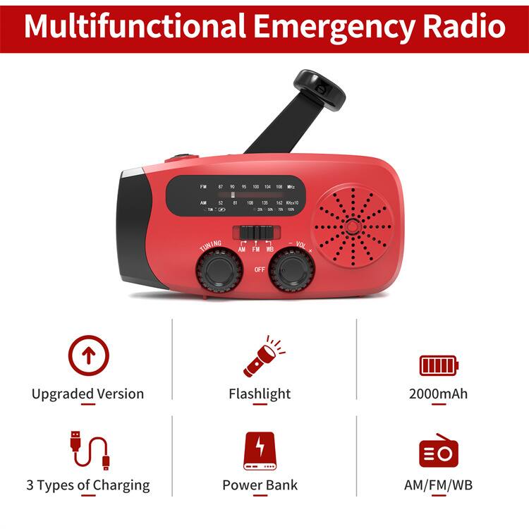 Multifunctional Emergency Radio

- Upgraded Version
- Flashlight
- 3 Types of Charging
- Power Bank
- 2000mAh
- AM/FM/WB