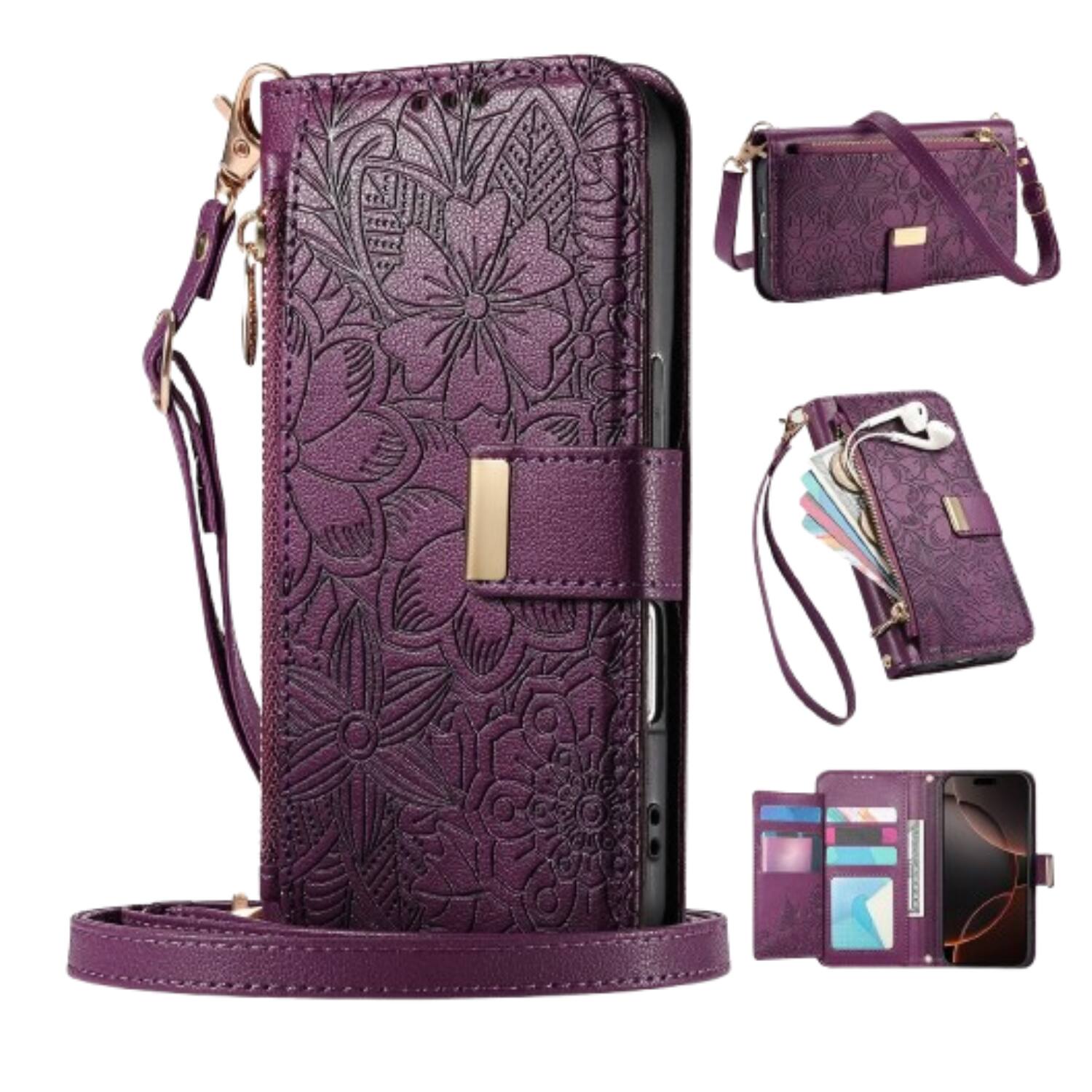 Angle. Stock Preferred - Crossbody Wallet Case for iPhone 17 Purple - Purple.