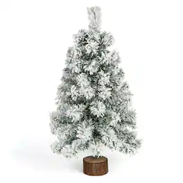 Earthley Blooms - Table Top Artificial Christmas Tree Small Mini Xmas With Flocking Snow Frost And Wooden Stand For Porch - Green Flocking Frost