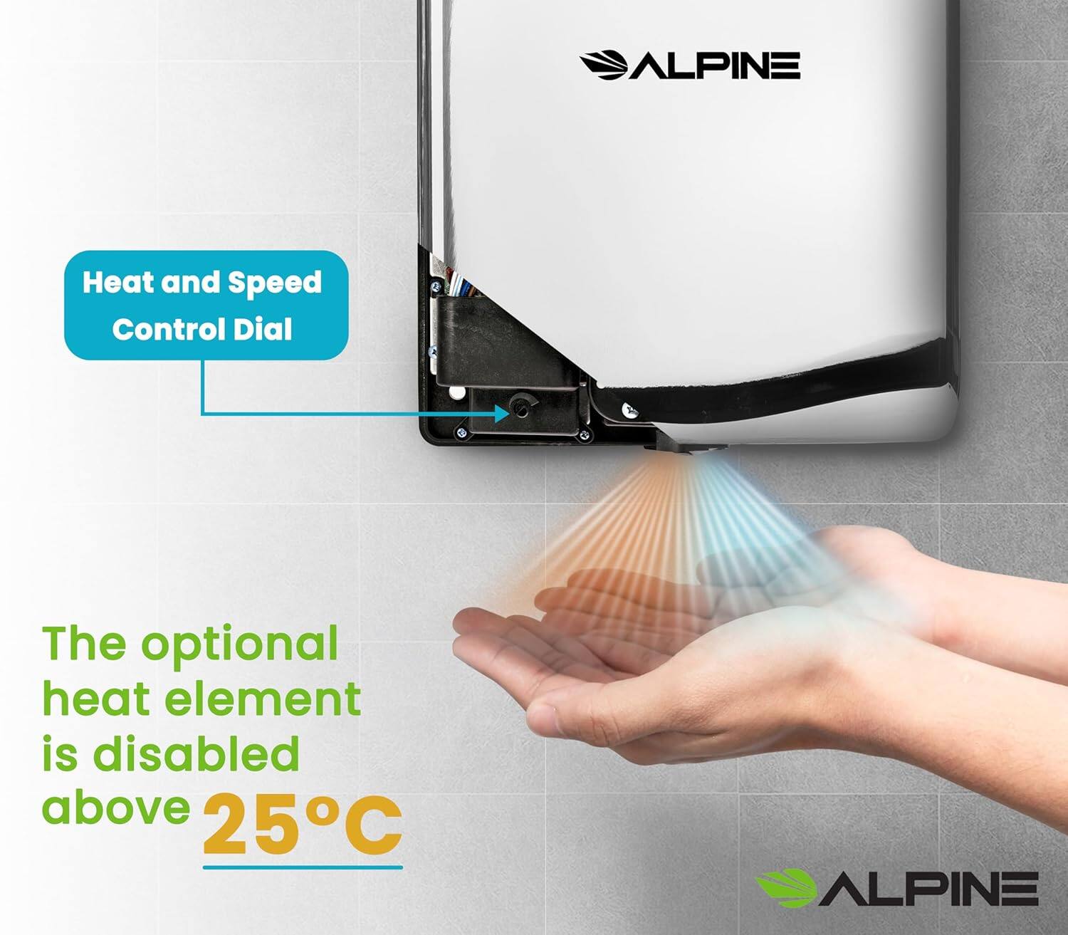 ALPINE, Heat and Speed Control Dial, The optional heat element is disabled above 25°C, ALPINE