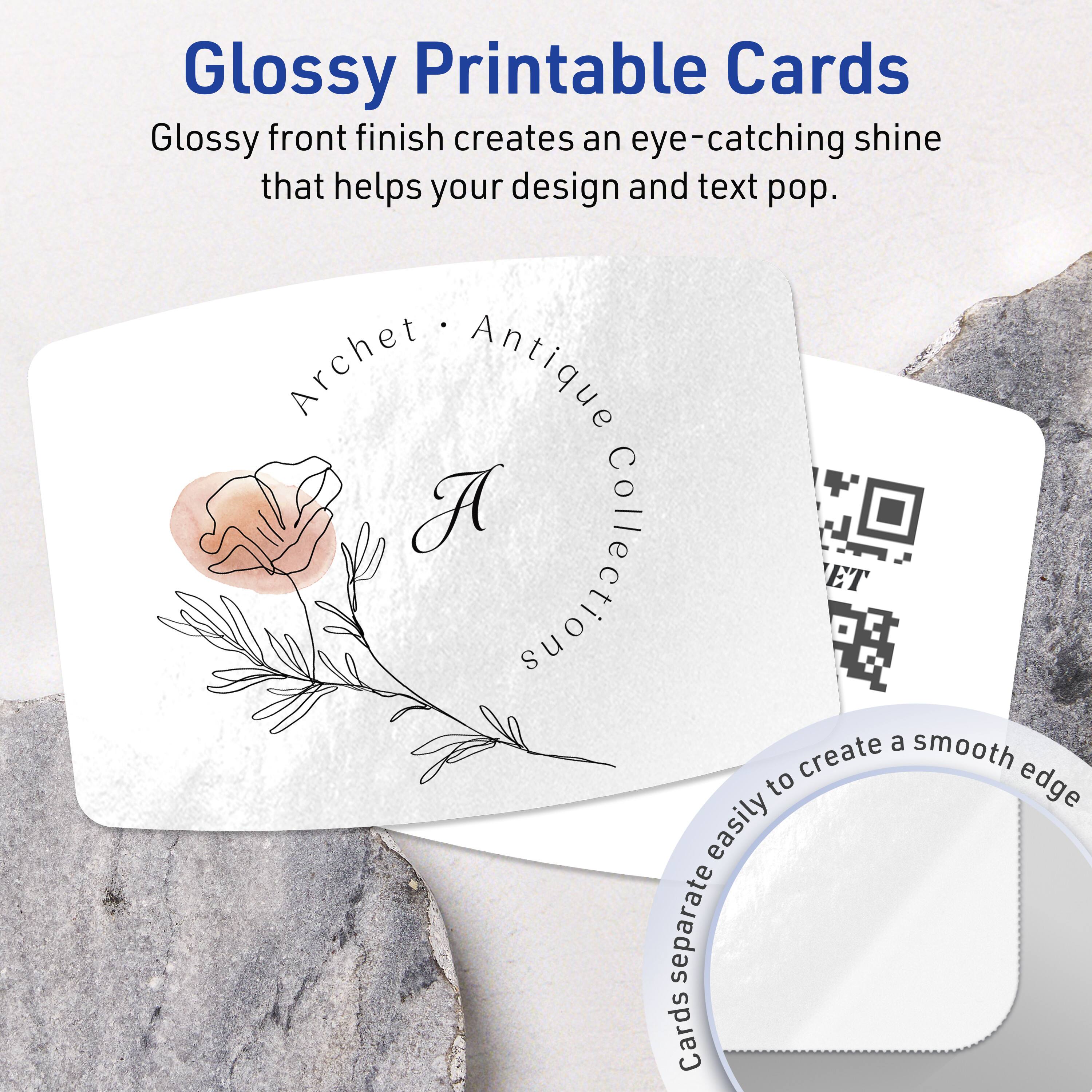 Glossy Printable Cards

Glossy front finish creates an eye-catching shine that helps your design and text pop.

Archet • Antique Collection

Cards separate easily to create a smooth edge
