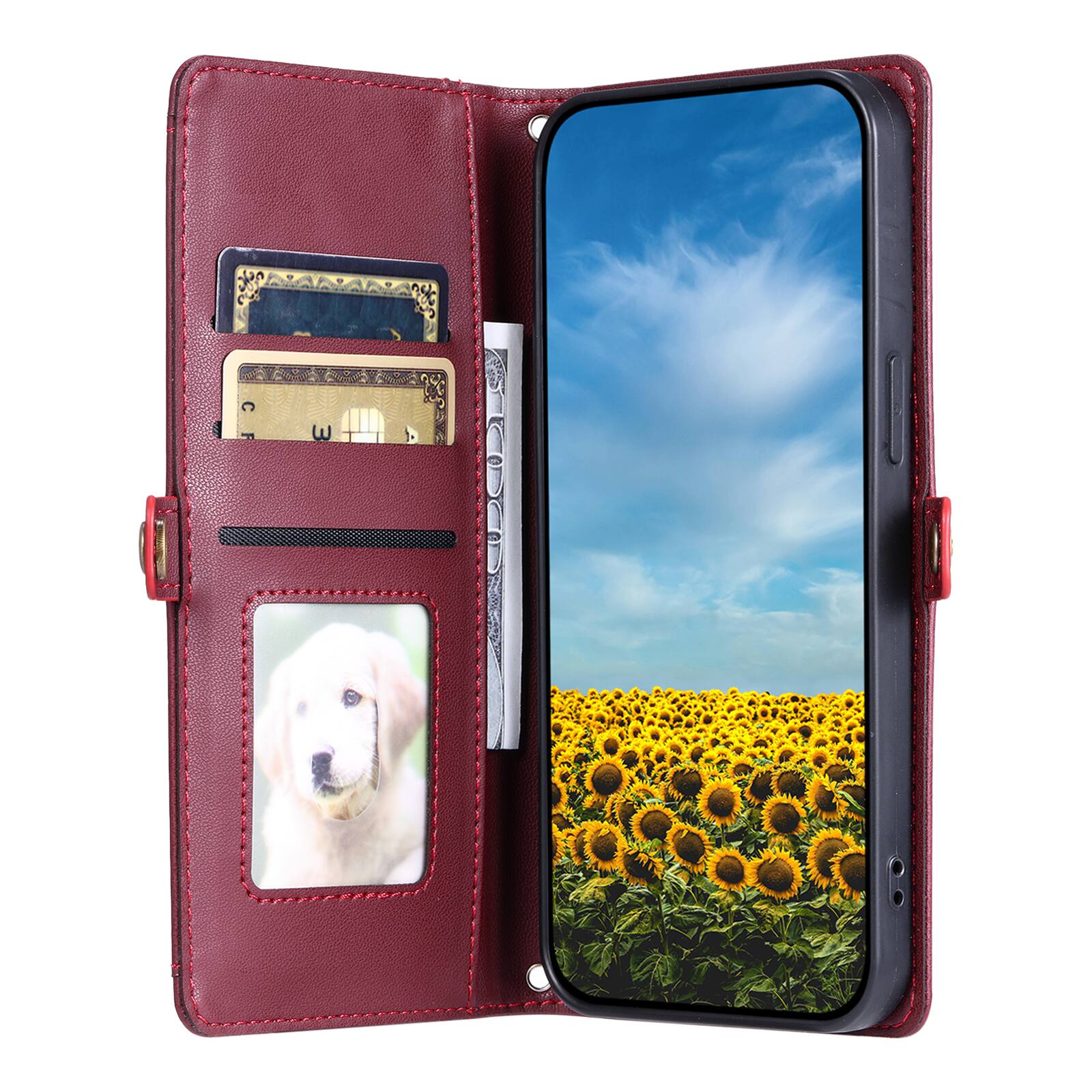 Angle. Dteck - Foilo Wallet Case for Google Pixel 10 /10 Pro,Shockproof Card Holder PU Leather Magnetic Snap Phone Cover with Lanyard - Winered.