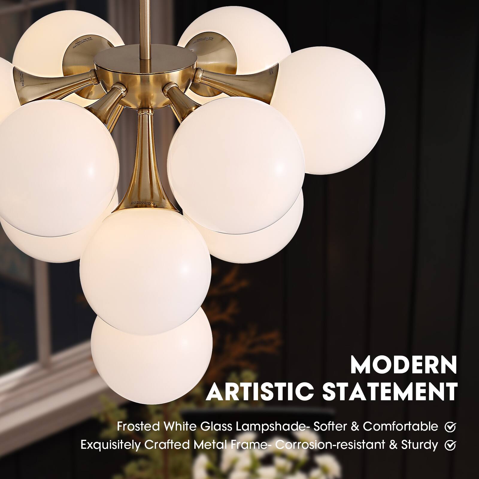 MODERN ARTISTIC STATEMENT

Frosted White Glass Lampshade - Softer & Comfortable  
Exquisitely Crafted Metal Frame - Corrosion-resistant & Sturdy