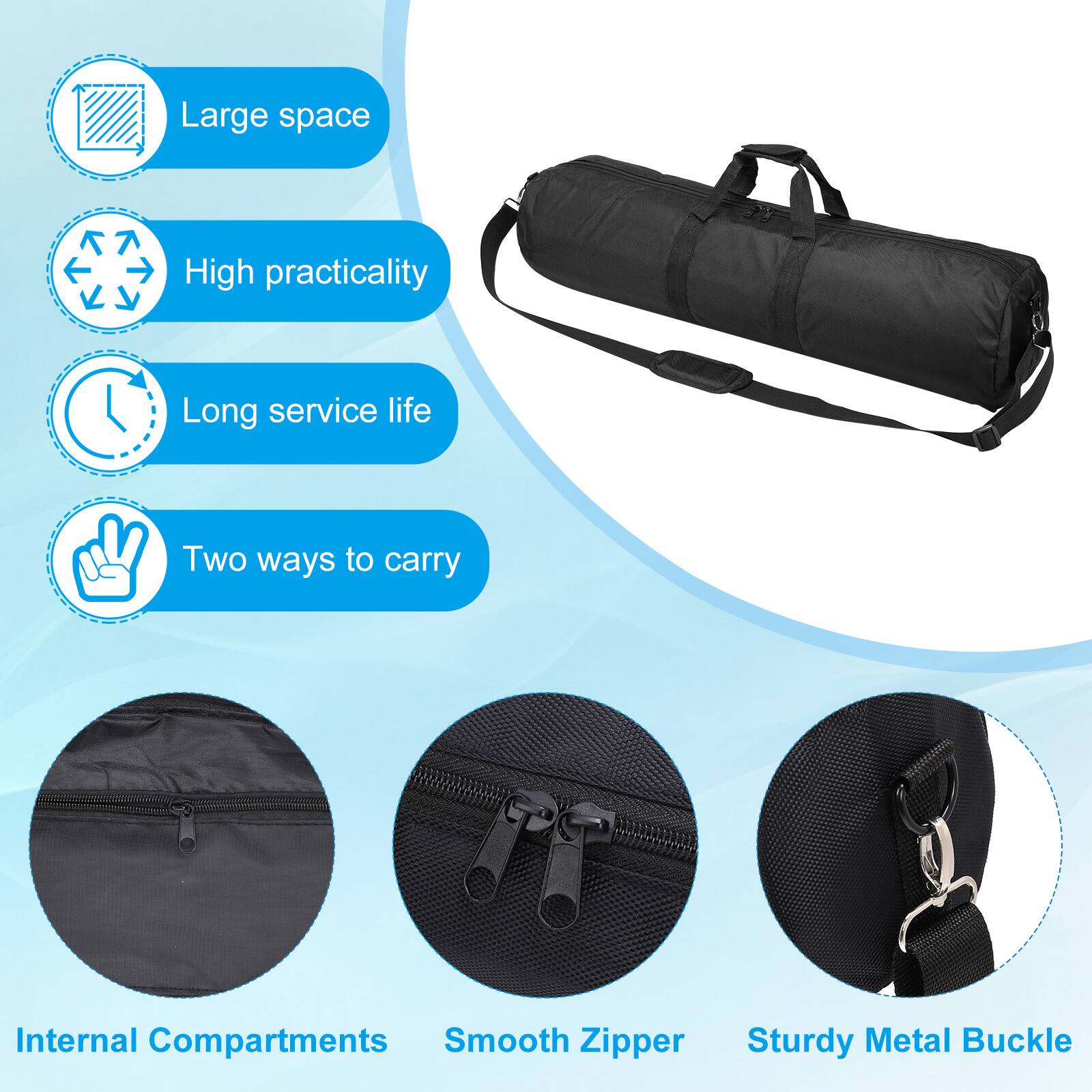 - Large space
- High practicality
- Long service life
- Two ways to carry
- Internal Compartments
- Smooth Zipper
- Sturdy Metal Buckle