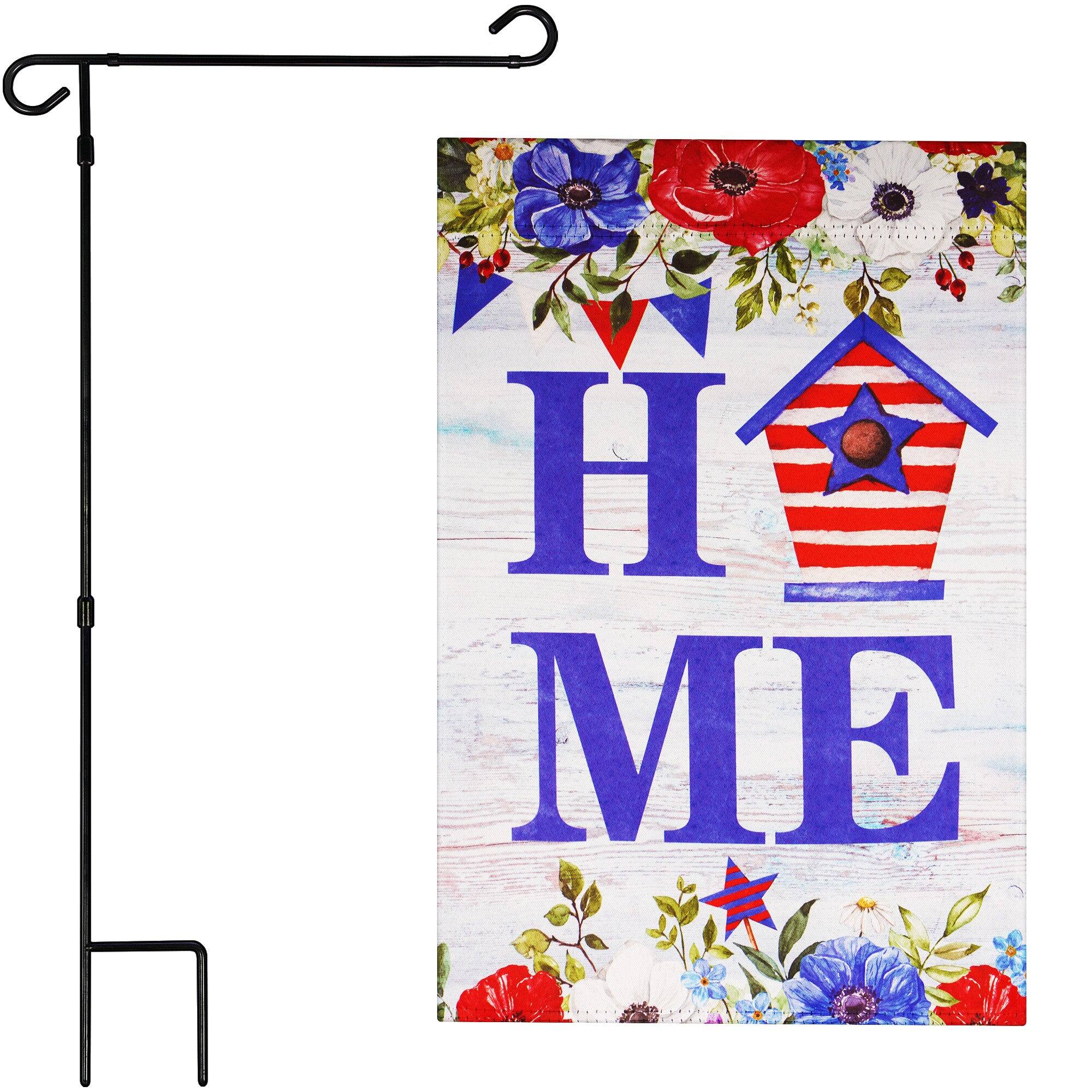 Front. G128 - Combo Pack: Garden Flag Stand 36" x 16" & 12" x 18" Double-Sided Blockout Flag - Patriotic Birdhouse Design. - Assorted Colors.
