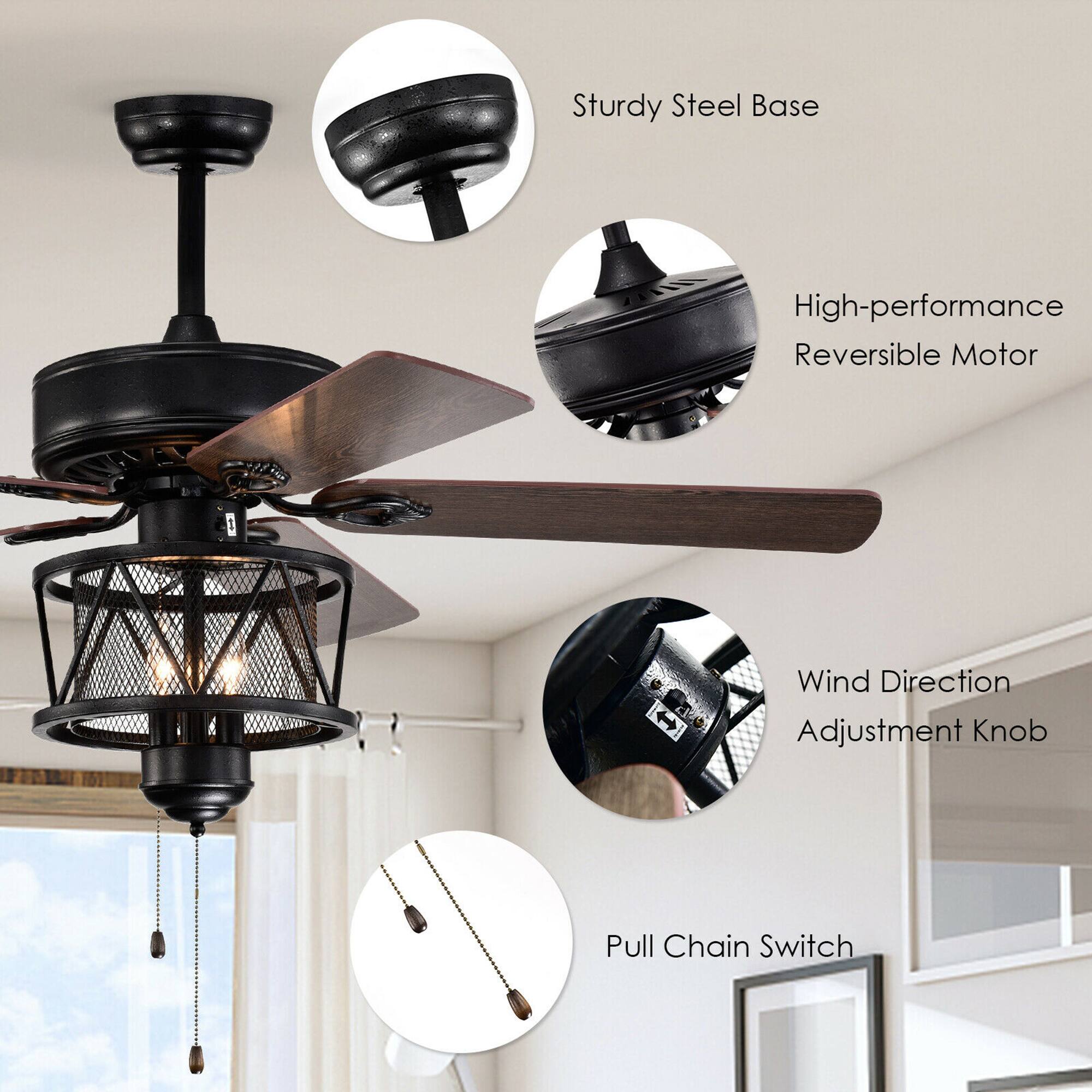 The text on the image is grouped and corrected as follows:

1. Sturdy Steel Base
2. High-performance Reversible Motor
3. Wind Direction Adjustment Knob
4. Pull Chain Switch