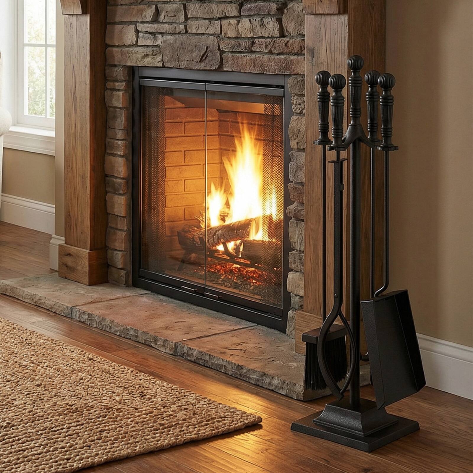 Alt View 4. Gymax - Gymax 5-Pieces Fireplace Tool Set w/Poker Tongs Brush Shovel & Square Stand Black - Black.