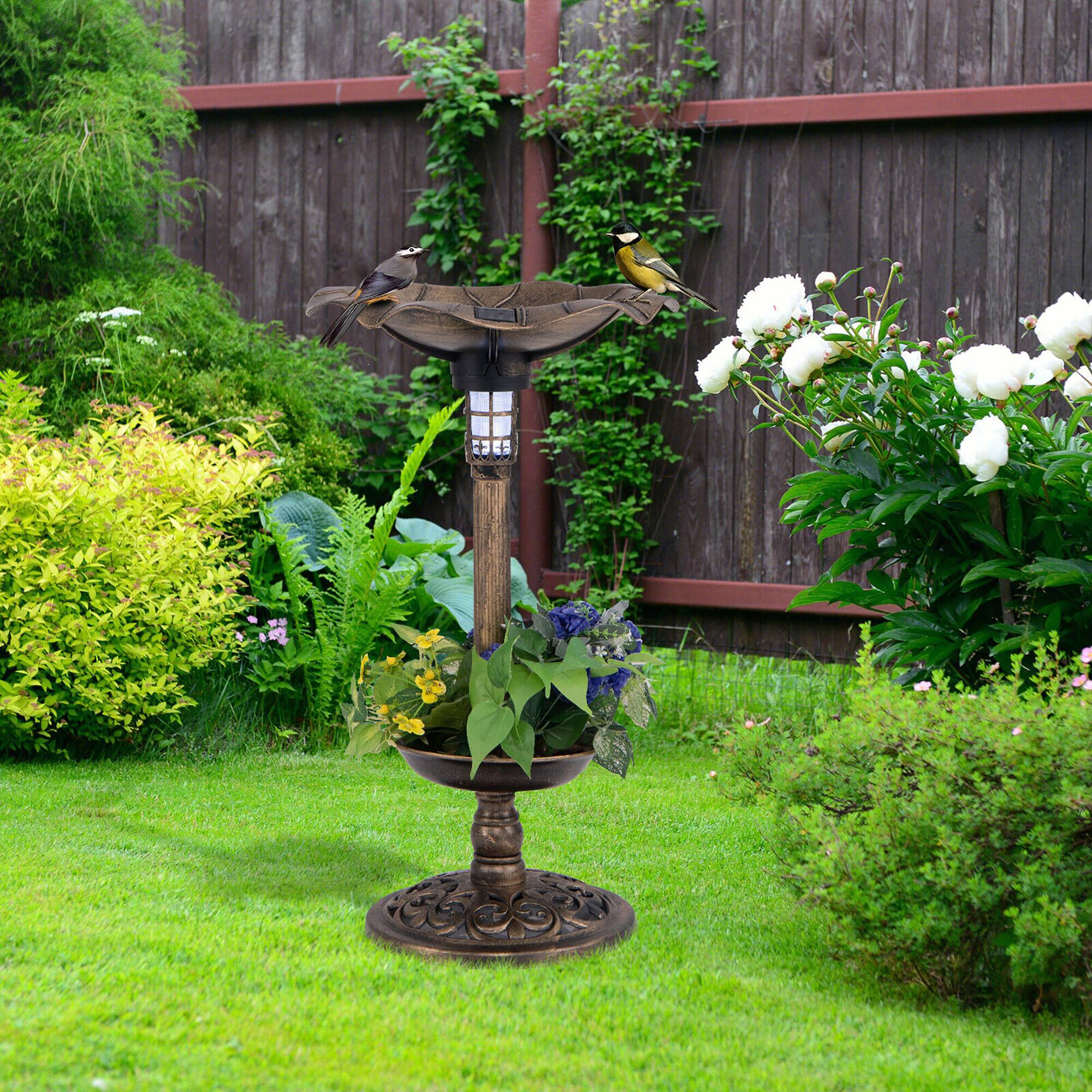 Alt View 1. Gymax - Gymax Solar Bird Bath Standing Pedestal Birdbath & Feeder Combo w/ Lotus Leaf Bowl Antique Bronze - Antique Bronze.
