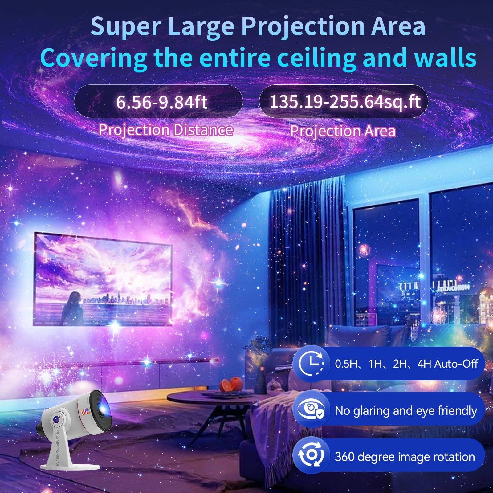 Super Large Projection Area  
Covering the entire ceiling and walls  

Projection Distance: 6.56-9.84ft  
Projection Area: 135.19-255.64sq.ft  

PLANETARIUM  
- 0.5H, 1H, 2H, 4H Auto-Off  
- No glaring and eye friendly  
- 360 degree image rotation