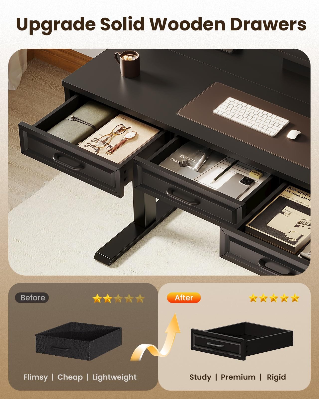OffiGo 48 Inch Electric Standing Desk with 3 Wooden Drawers