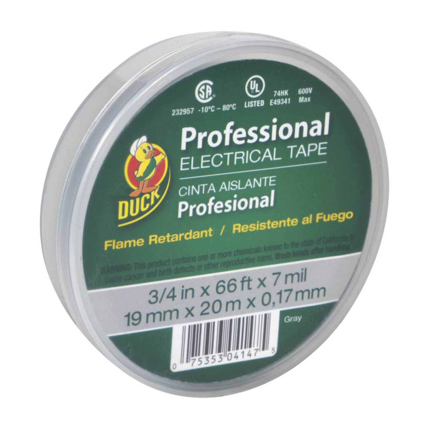 SA UL 600V 74HK E49341 Max 80C LISTED 232957 -10C -80C -10C 1 Professional P ELECTRICAL TAPE CINTA AISLANTE DUCK Profesional al Fuego / Resistente Flame Retardant to the state of chemicals known after handling or more Wash hands contains one harm WARNING: This product defects or other reproductive and birth mil cause cancer 7 66 ft X 3/4 in X mm 20 m X 0,17 mm X 19 Gray 0 5 75353 04147