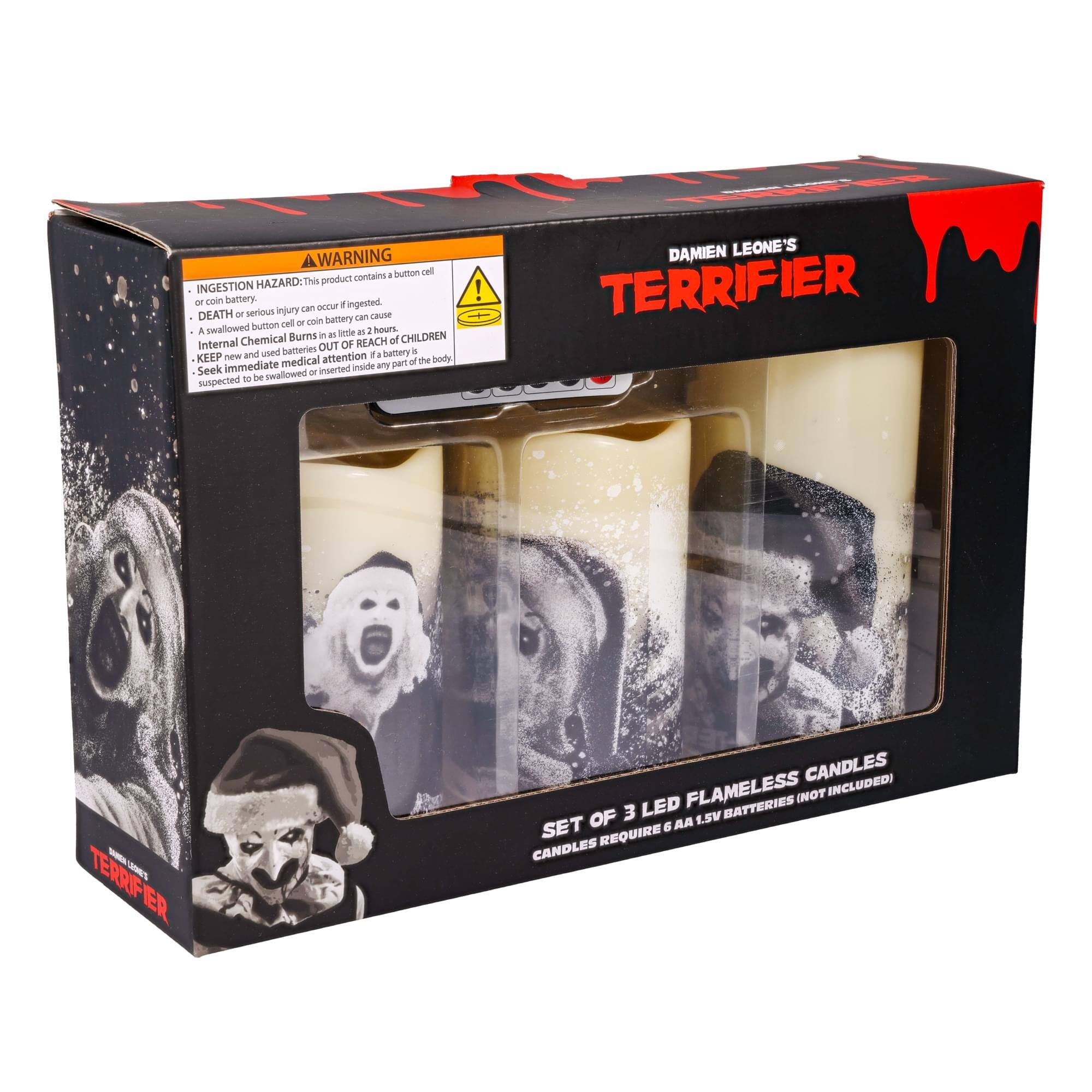 **WARNING:**

- INGESTION HAZARD: This product contains a button cell or coin battery. Serious injury or death can occur if ingested.
- Internal burns in children as small as 2 hours after swallowing a button cell battery is possible.
- Keep out of reach of children.
- Seek immediate medical attention if suspected to be swallowed or inserted inside any part of the body.

**DAMIAN LEONE'S TERRIFIER**

**SET OF 3 LED FLAMELESS CANDLES (NOT INCLUDED)**

CANDLES REQUIRE 6 AA 1.5V BATTERIES