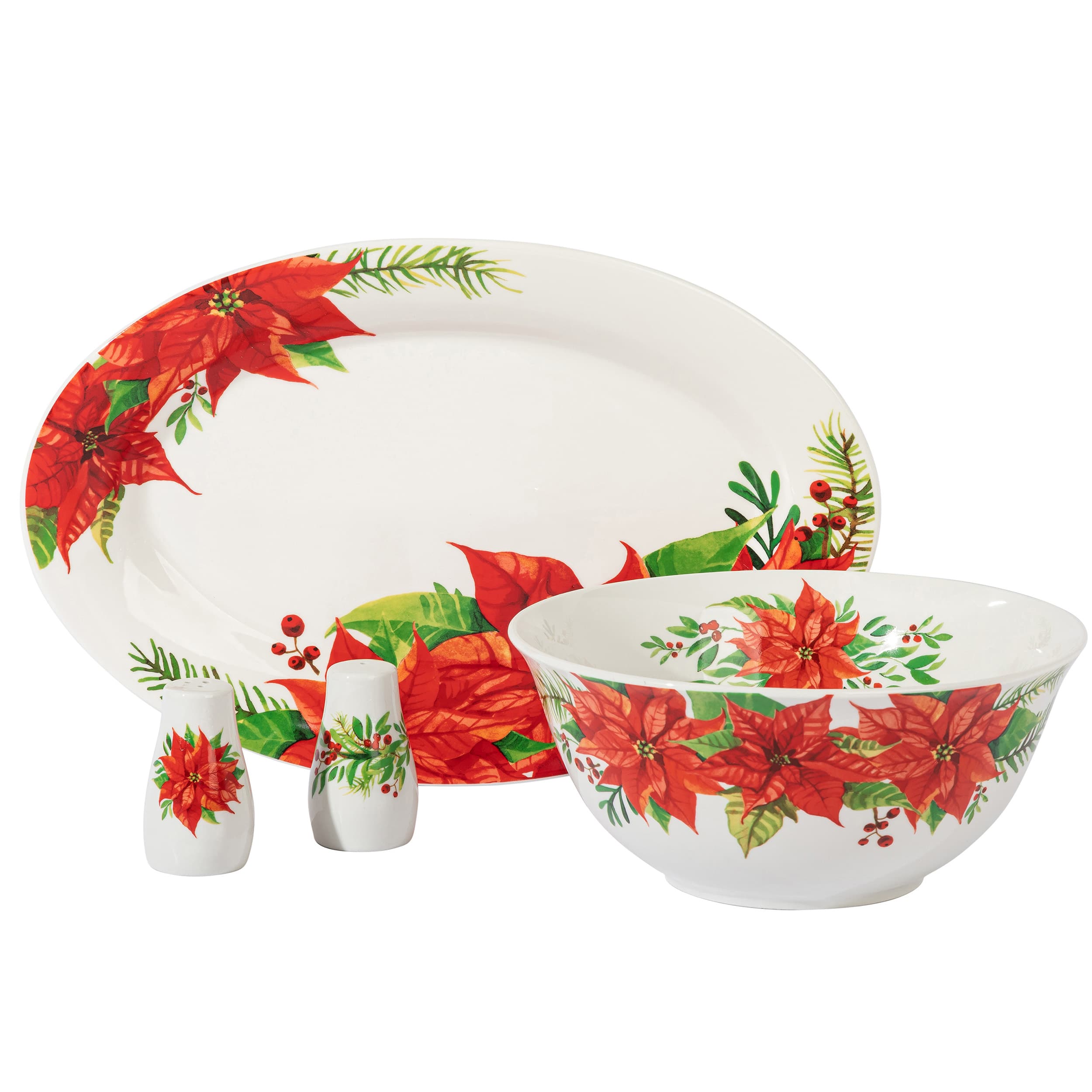 Gibson - Home 4 Piece Ceramic Serving Set With Poinsettia Decorations - White