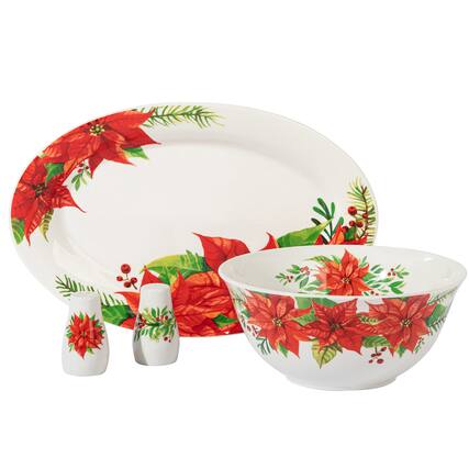 Front. Gibson - Gibson Home 4 Piece Ceramic Serving Set in White With Poinsettia Decorations - White.