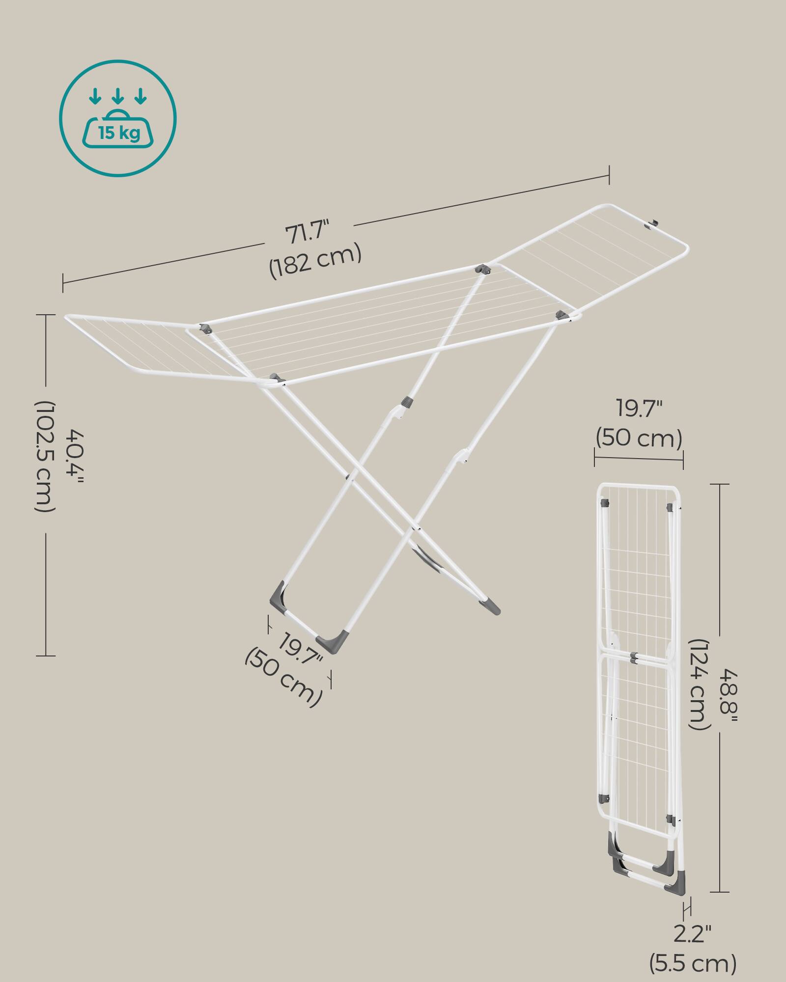 15 kg  
71.7" (182 cm)  
102.5 cm (40.4")  
19.7" (50 cm)  
48.8" (124 cm)  
2.2" (5.5 cm)