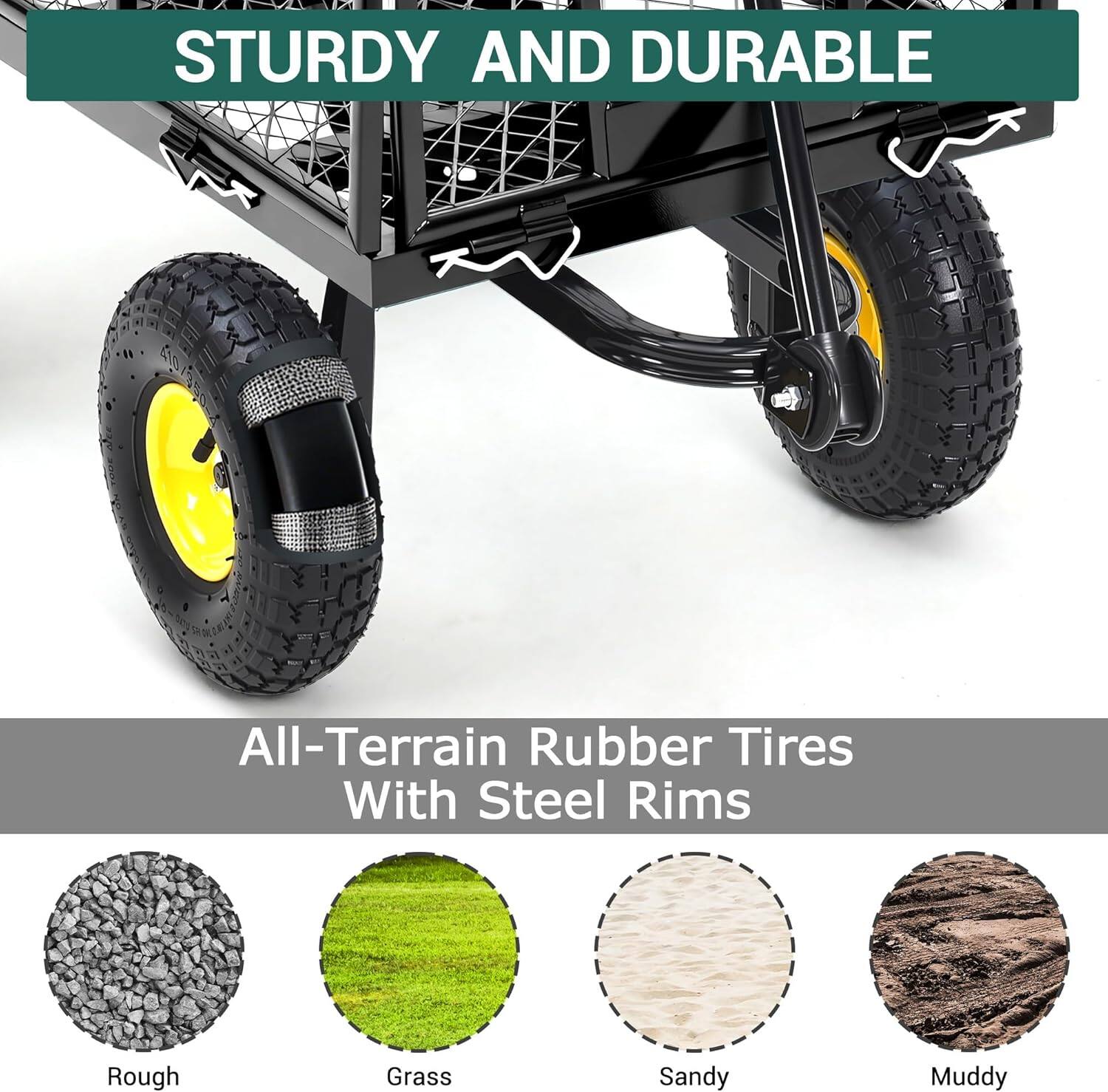 STURDY AND DURABLE

All-Terrain Rubber Tires With Steel Rims

Rough  
Grass  
Sandy  
Muddy
