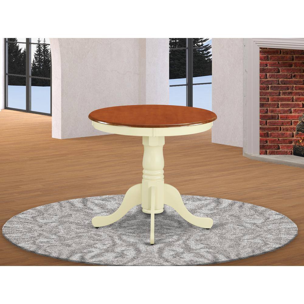 Angle. East West Furniture - East West Furniture EMT-BMK-TP Eden Dining Table, a Round Wooden Table with Pedestal Base, Buttermilk & Cherry - Brown.