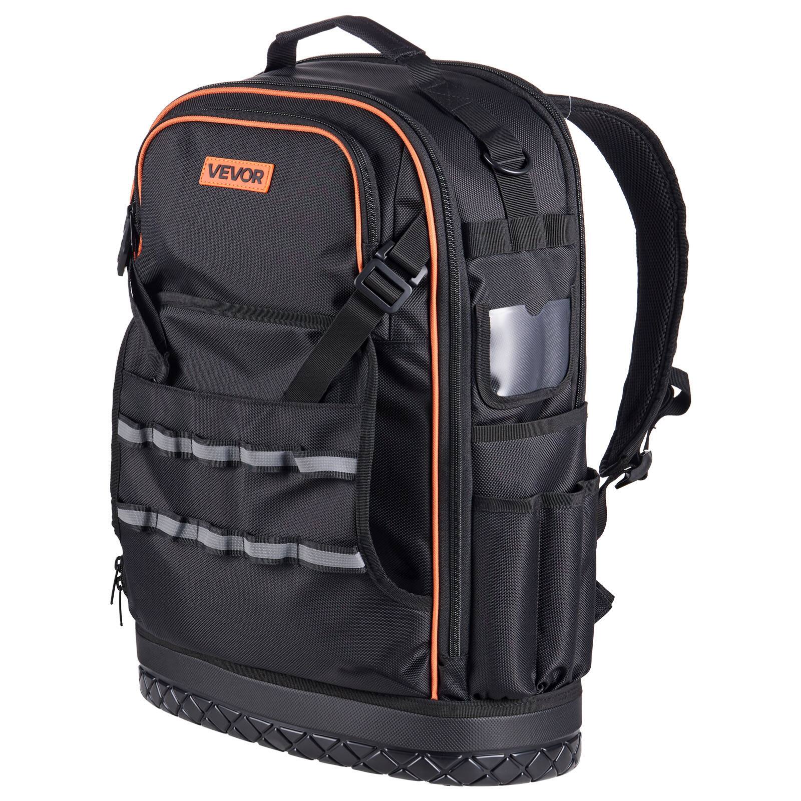 Alt View 5. VEVOR - Tool Backpack, 65 Pockets, Heavy-duty Tools Storage Organizer Work Bags with Laptop Compartment & Molded Base - Black & Orange.