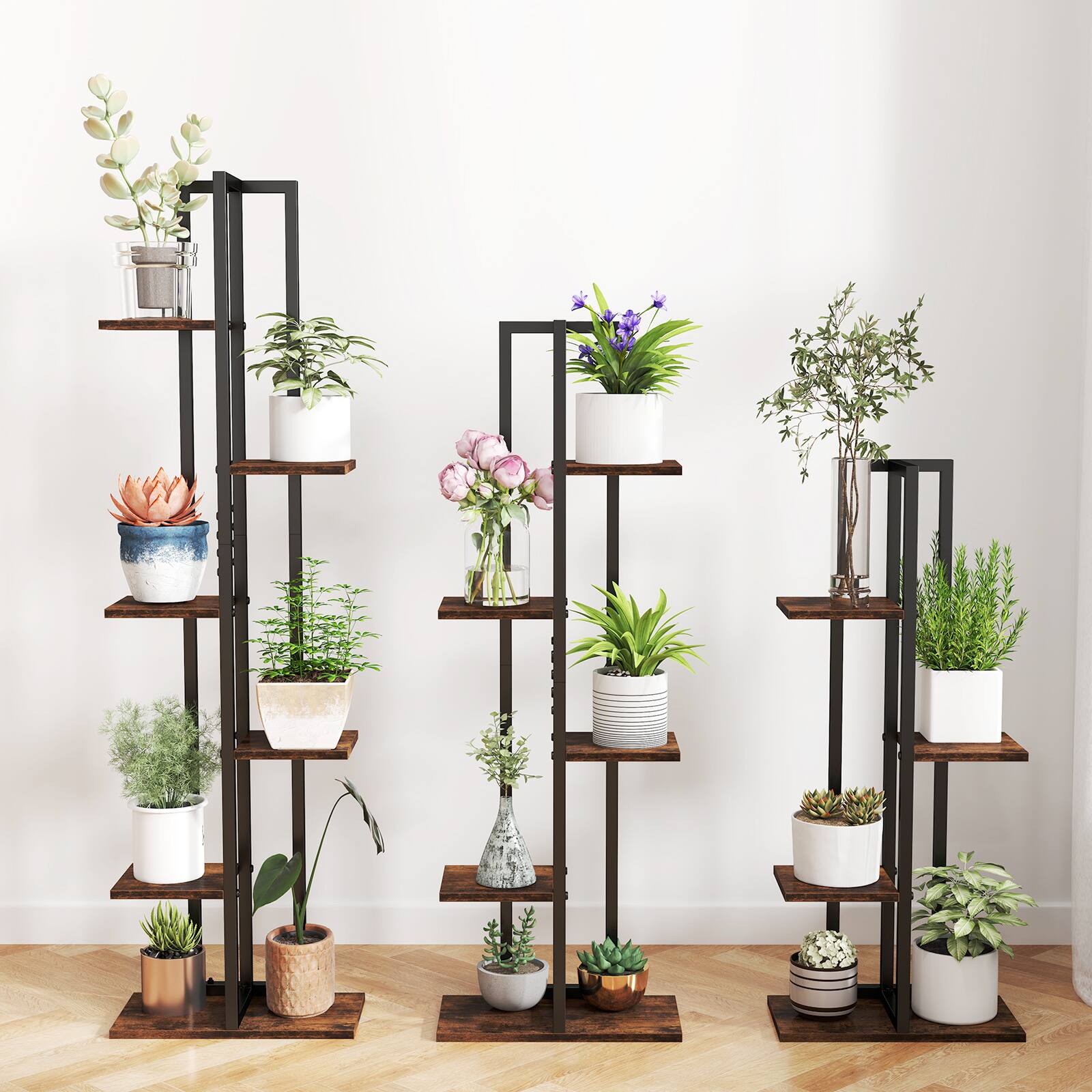 Alt View 1. Gymax - Gymax 3 PCS Plant Stand Set 4+5+6-Tier Indoor Flower Stands Multi-Tiered Plant Shelves - Black, Brown.