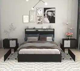 LUCKY ONE - Full Size Bed Frame with 4 Storage Drawers, Storage Headboard with Charging Station - Black