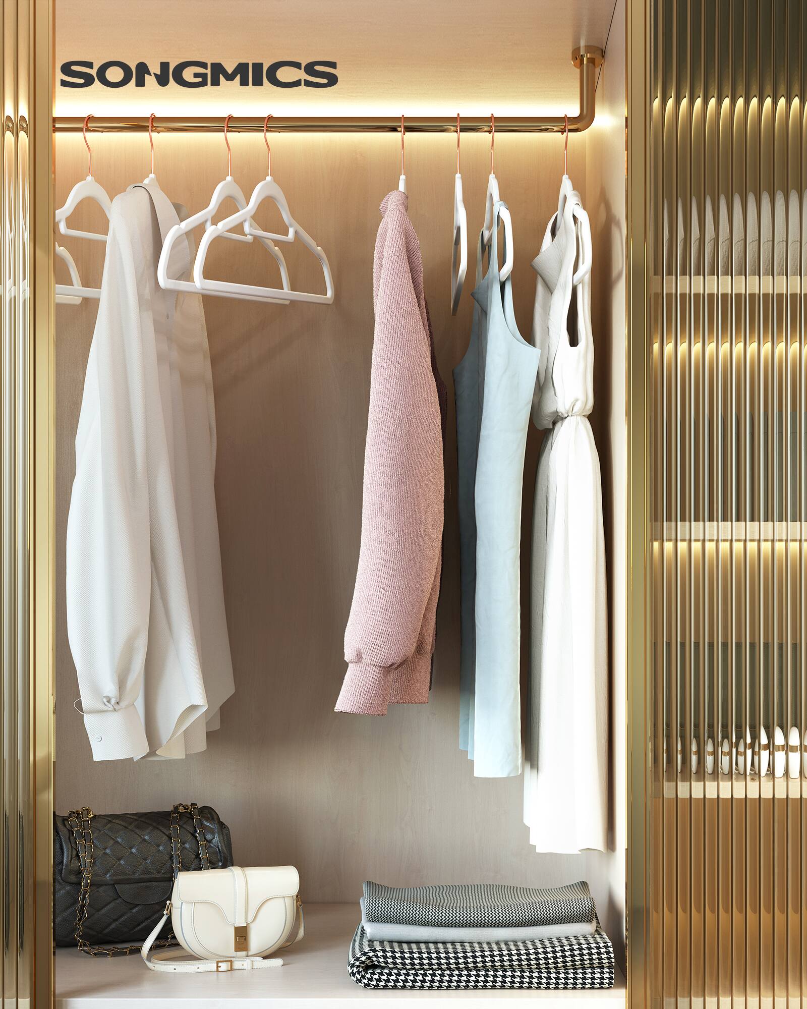 Angle. Songmics Home - Velvet Hangers, Set of 60 Clothes Hanger with Rose Gold Swivel Hook, Non-Slip, 0.2-Inch Thick, 17.1-Inch Long - Cloud White.