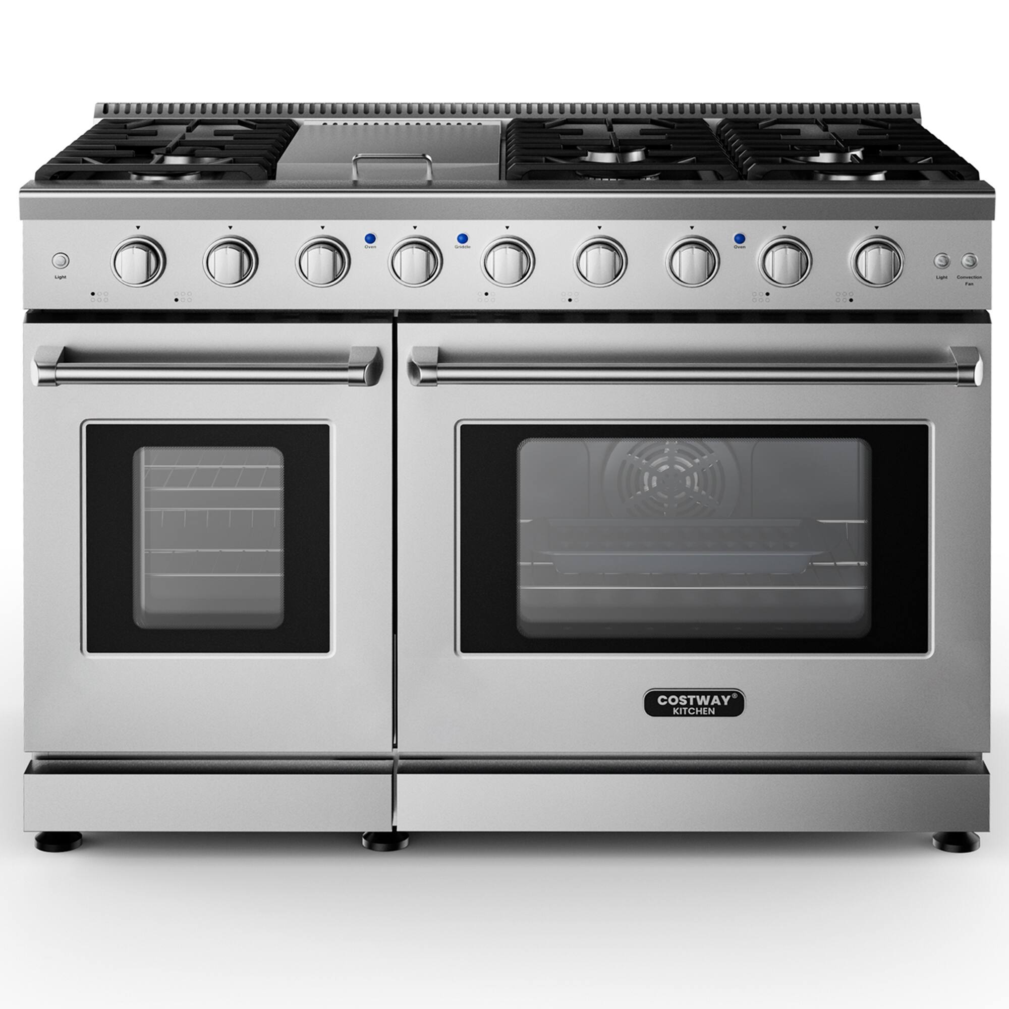 Costway - 48 Inches Natural Gas Range Freestanding with 7 Burners Cooktop & Double Ovens - Sliver,Black