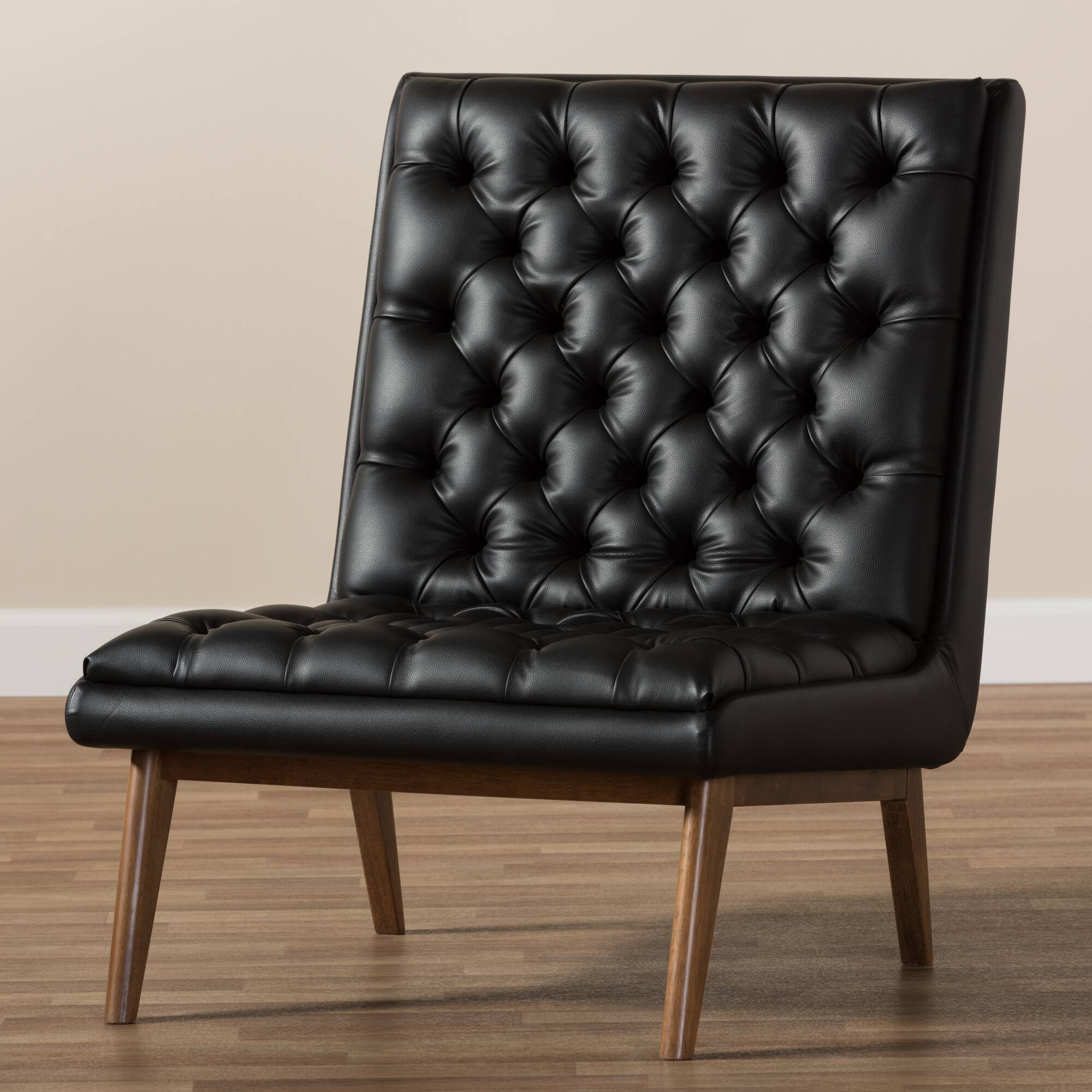 Alt View 4. Baxton Studio - Annetha Mid-Century Modern Faux Leather Upholstered Walnut Finished Wood Lounge Chair - Black.