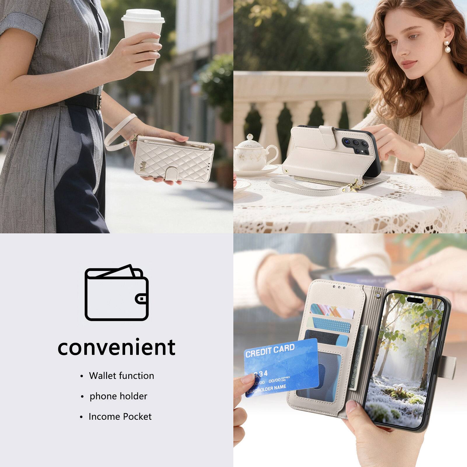 convenient  
- Wallet function  
- phone holder  
- Income Pocket  

CREDIT CARD  
1234 0000 0000 0000  
CARDHOLDER NAME