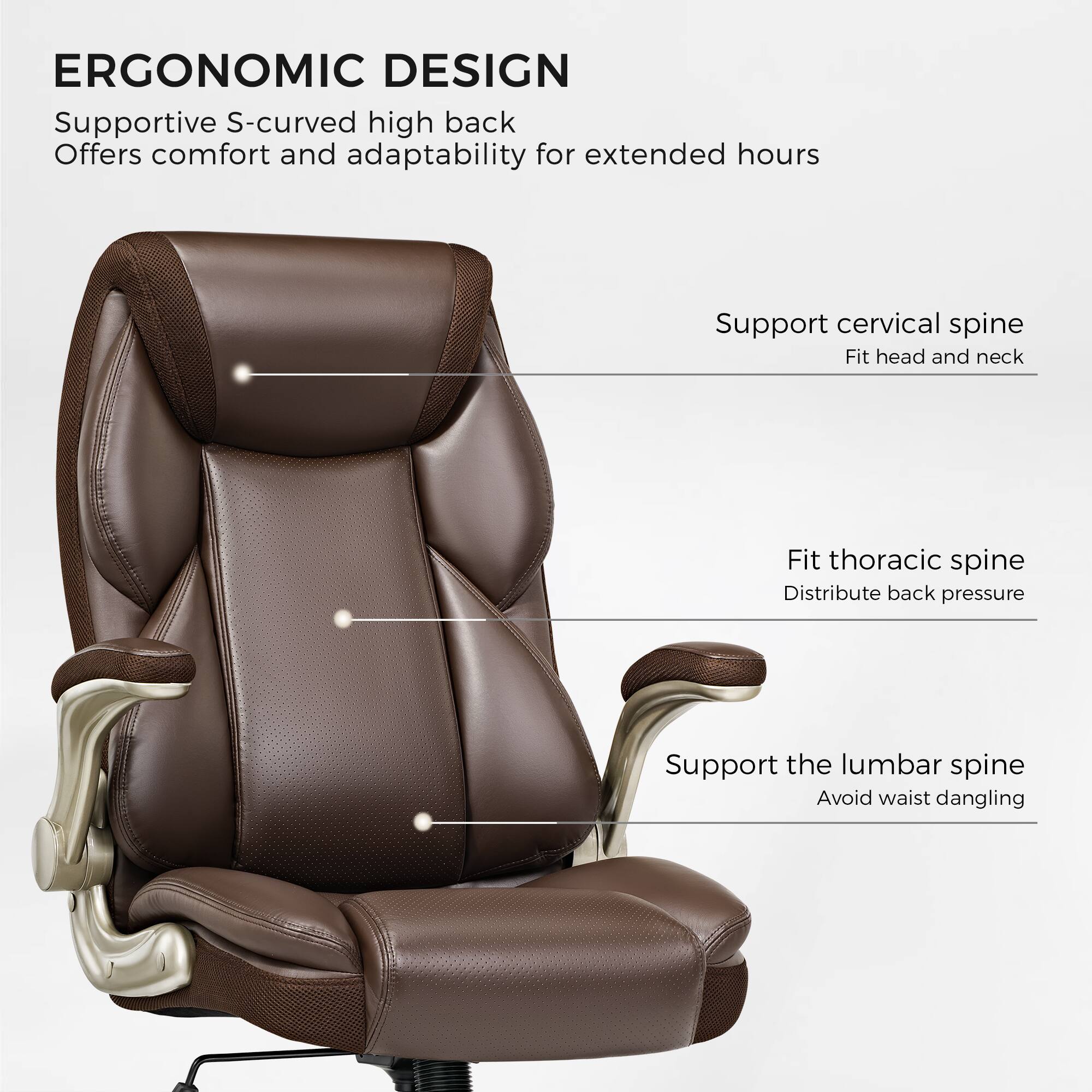 ERGONOMIC DESIGN

Supportive S-curved high back  
Offers comfort and adaptability for extended hours

- Support cervical spine  
  Fit head and neck

- Fit thoracic spine  
  Distribute back pressure

- Support the lumbar spine  
  Avoid waist dangling