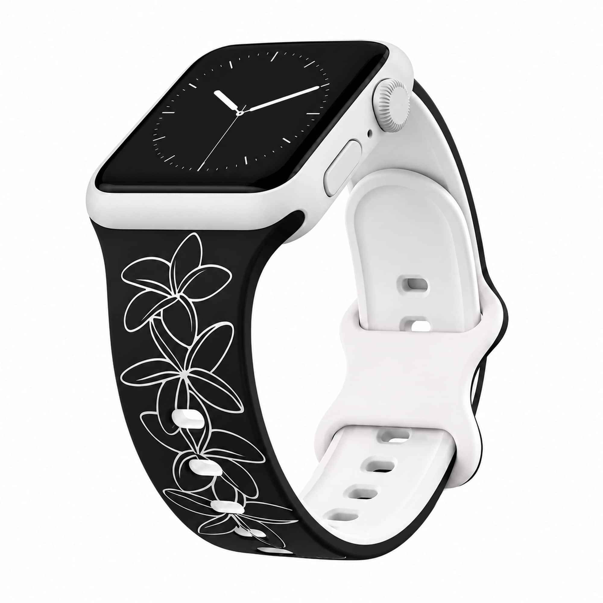 ROXTRO - Plumeria Engraved Two-Tone Watch Band Apple Watch Compatible LARGE WATCH 49/46/45/44mm (42mm Series 1-3) - Black to White