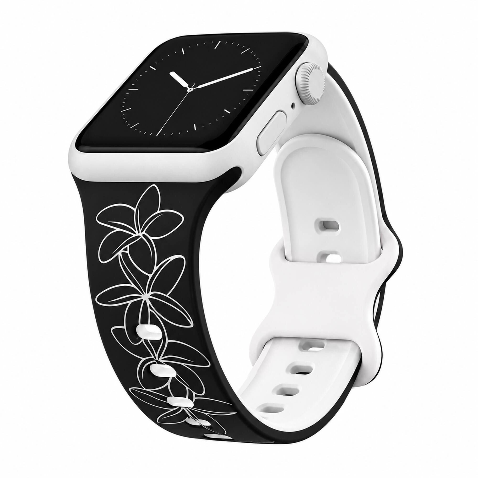 Front. ROXTRO - Black to White Plumeria Engraved Two-Tone Watch Band Apple Watch Compatible LARGE WATCH 49/46/45/44mm (42mm Series 1-3) - Black to White.