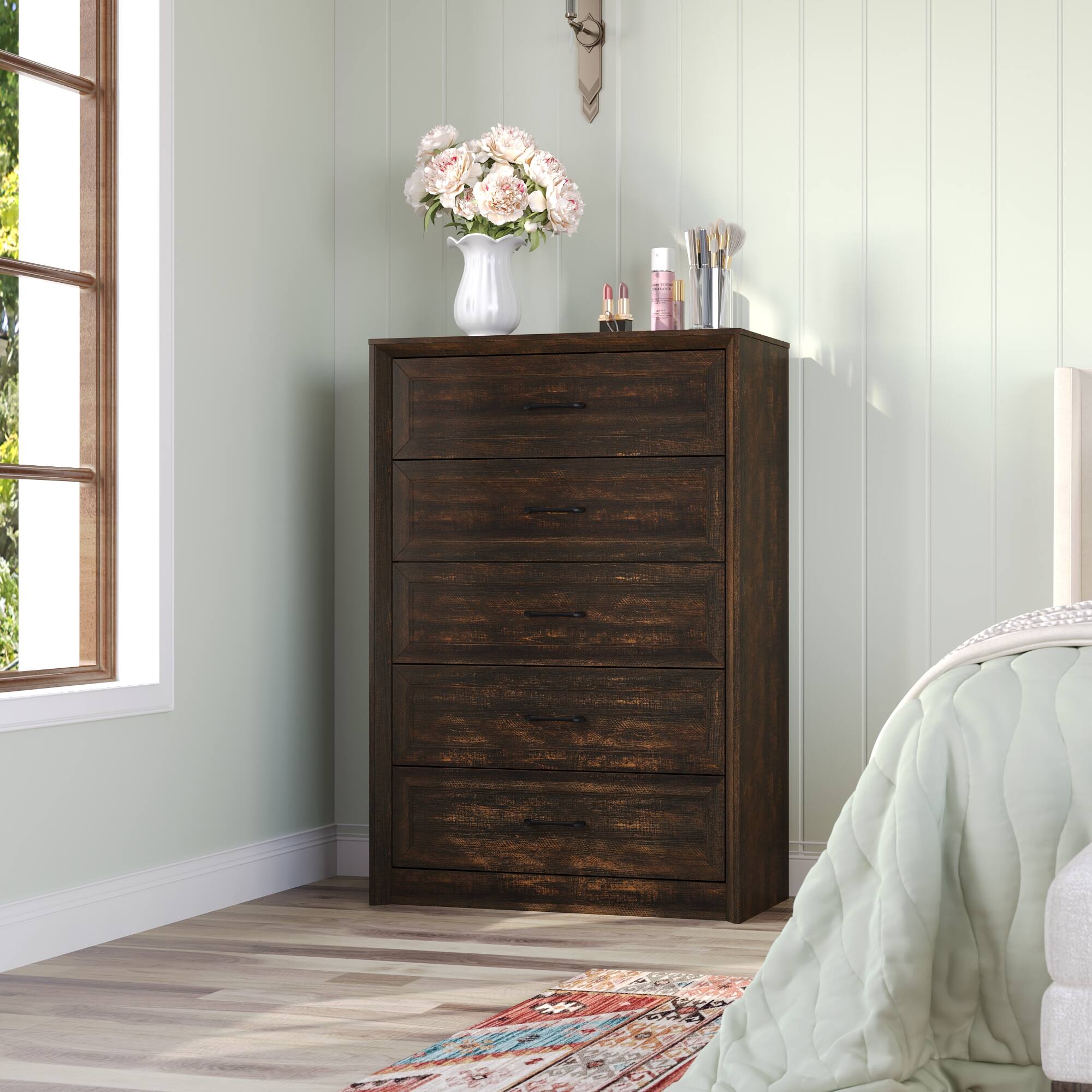 Back. FUFU&GAGA - Vintage Dark Wood Grain 5-Drawer Dresser, Modern Minimalist Design, Eco-Friendly MDF, Perfect for Bedroom, Living Room - Brown.