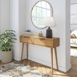 Plank+Beam - Mid-Century Modern Console Table with Pulldown and Black Handles (46in / 1170mm) - Pecan