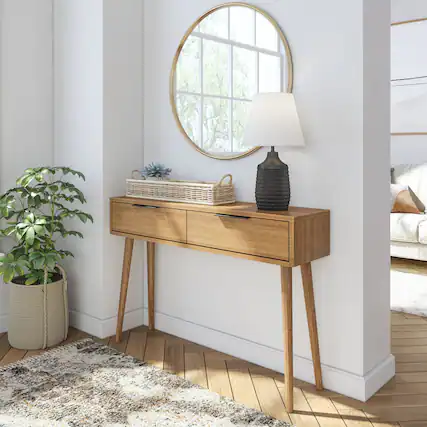 Front. Plank+Beam - Mid-Century Modern Console Table with Pulldown and Black Handles (46in / 1170mm), Pecan - Pecan.