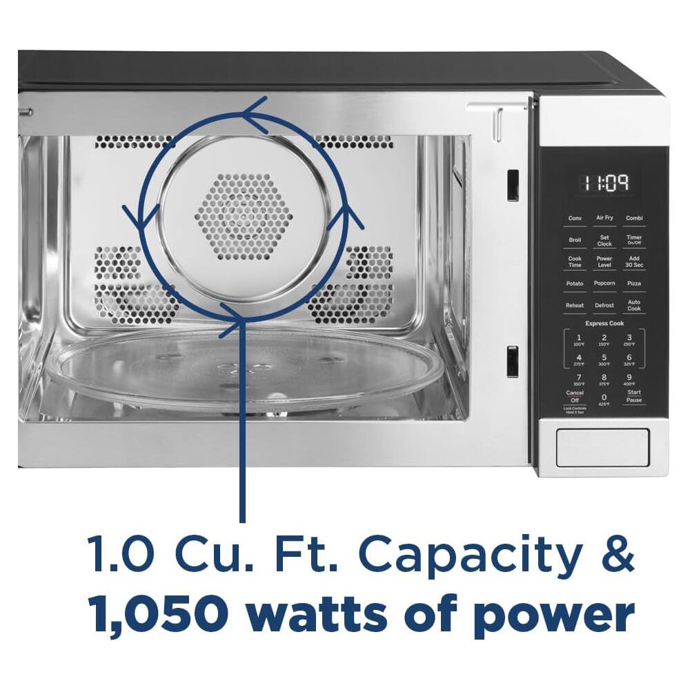 I 1:09 Come - Fry Combi Brod Set Clock Timer Bume Cook Time Power Level Add 30 Secs Putato Popcorn Pizza Reheat Defrost Auto Conk Express Conk 1 -T 2 1T 3 ns 4 5 - 6 S 7 -T Cancel OR 8 arT O 9 -T Start PRuE 1.0 Cu. Ft. Capacity & 1,050 watts of power