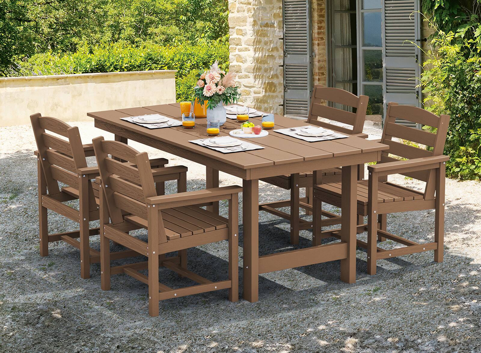 Alt View 7. SERWALL - 7 Pcs Outdoor Dining Set, Outdoor Dining Furniture with Rectangular Table & 6 Chairs, All-Weather Resistant Dining Set - Brown.