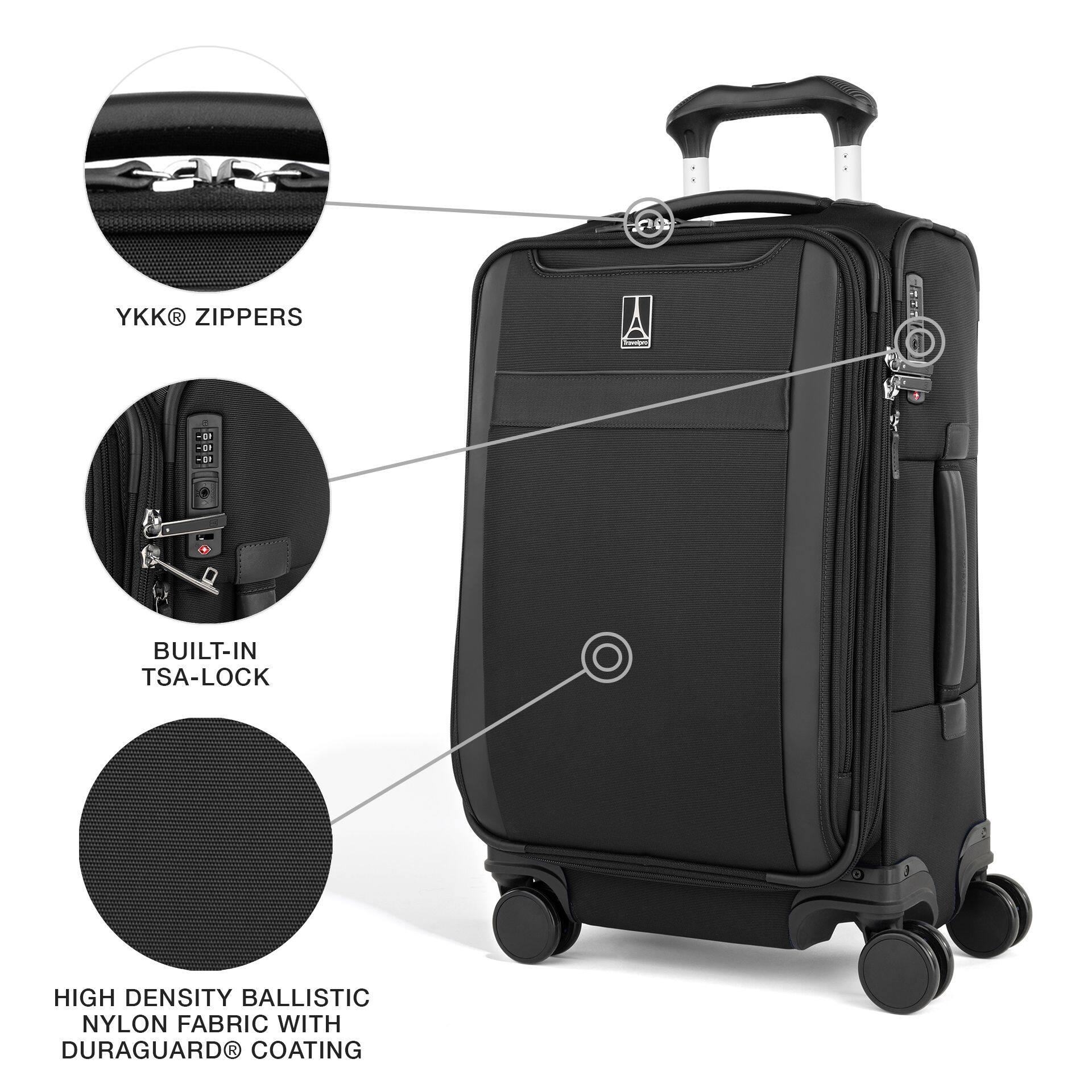 YKK® ZIPPERS  
BUILT-IN TSA-LOCK  
HIGH DENSITY BALLISTIC NYLON FABRIC WITH DURAGUARD® COATING