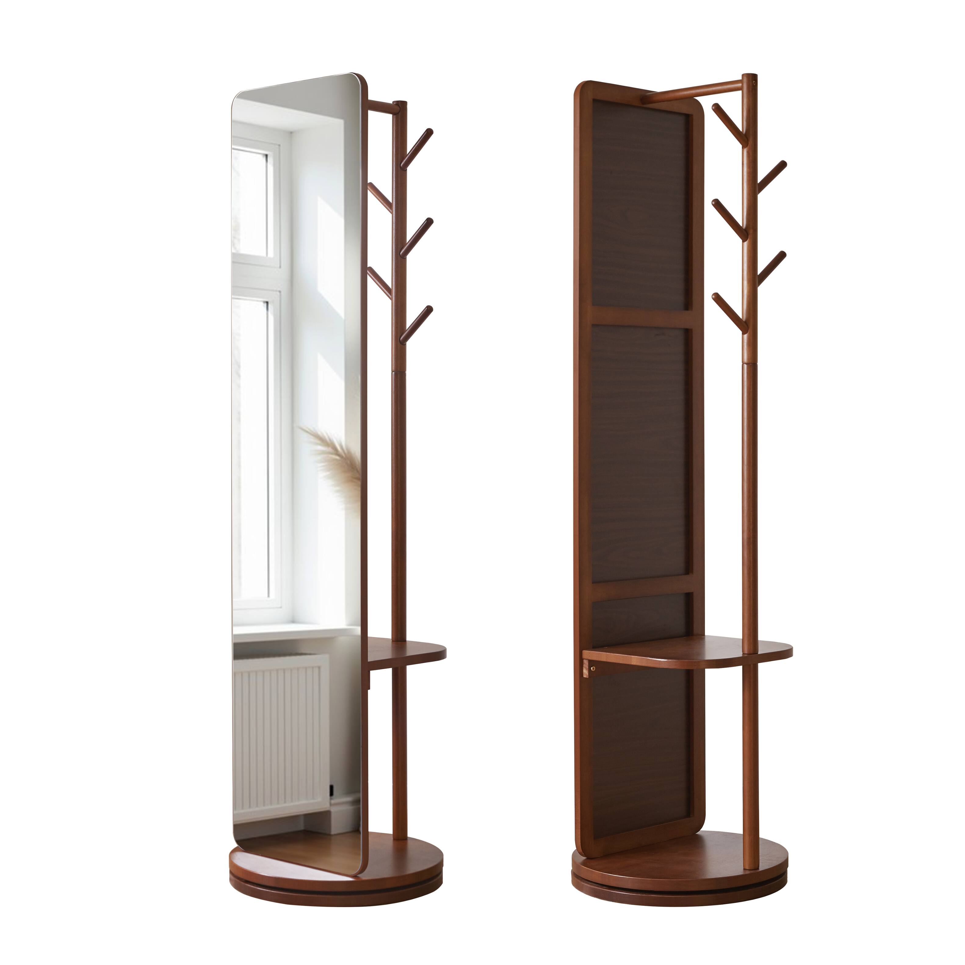 Angle. Whisen - Swivel Full Length Standing Mirror with Coat Rack and Storage Shelf for Bedroom and Hallway - Walnut.