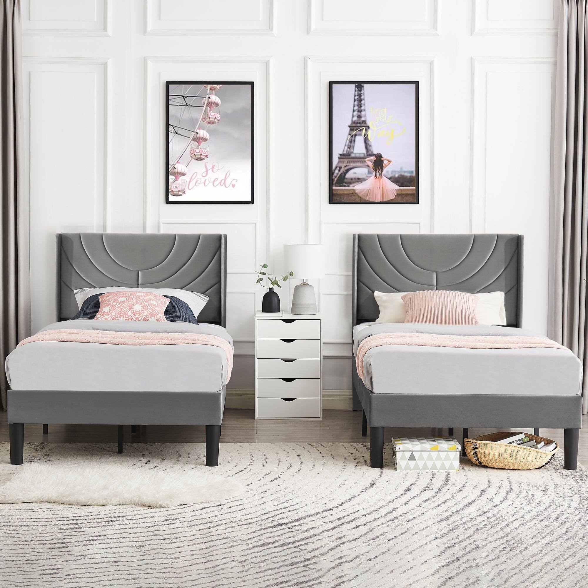Angle. Vecelo - Upholstered Platform Twin Bed Frame with Fabric Headboard,Wooden Slats Support/No Box Spring Needed/Mattress Foundation - Dark Grey.