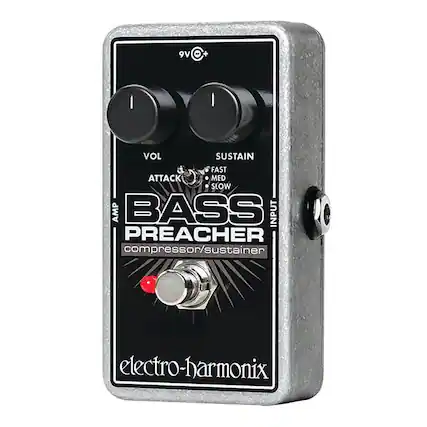 9V O+
VOL
ATTACK
SUSTAIN
FAST MED SLOW
BASS PREACHER
compressor/sustainer
electro-harmonix
